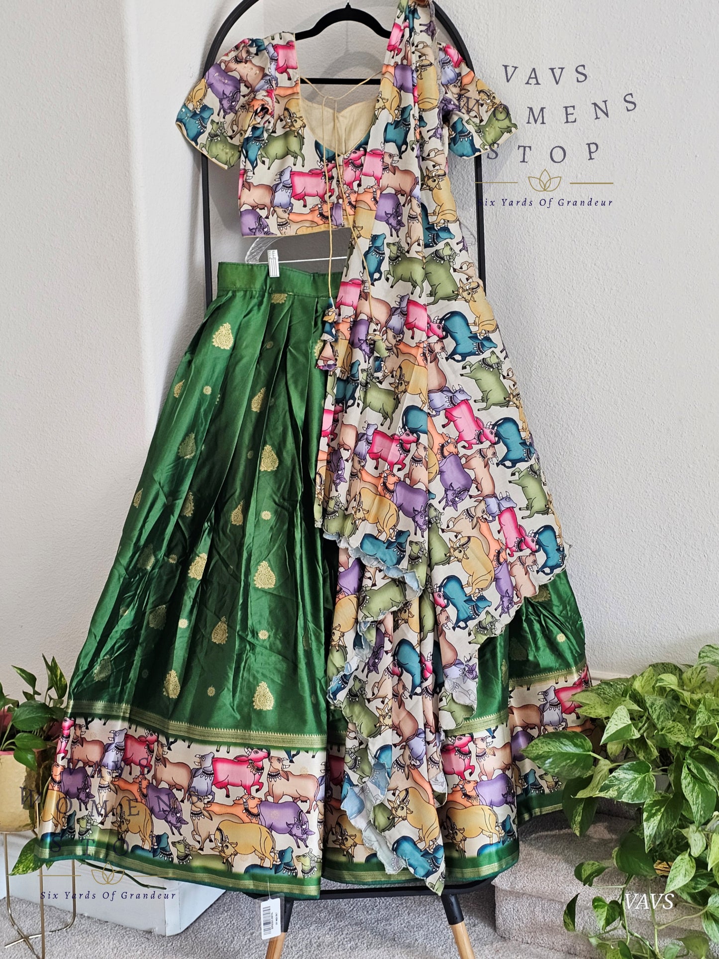 Green Benarasi-Pichwai Designer Half Saree Set | Pichwai Print Dupatta | Can-Can Lined | Ready-to-Ship | Size 36-42