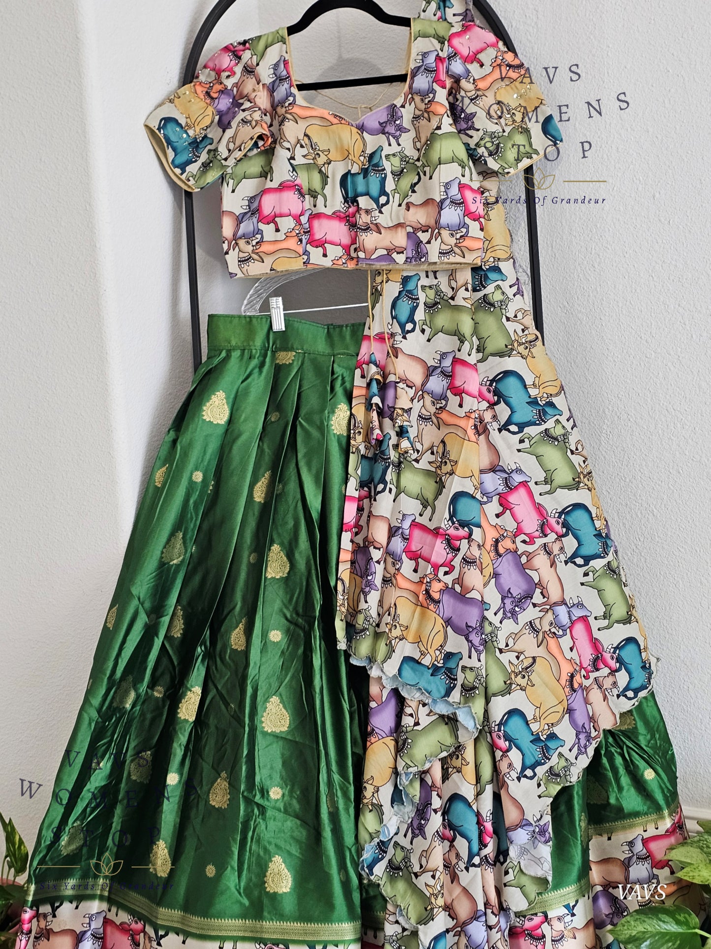 Green Benarasi-Pichwai Designer Half Saree Set | Pichwai Print Dupatta | Can-Can Lined | Ready-to-Ship | Size 36-42