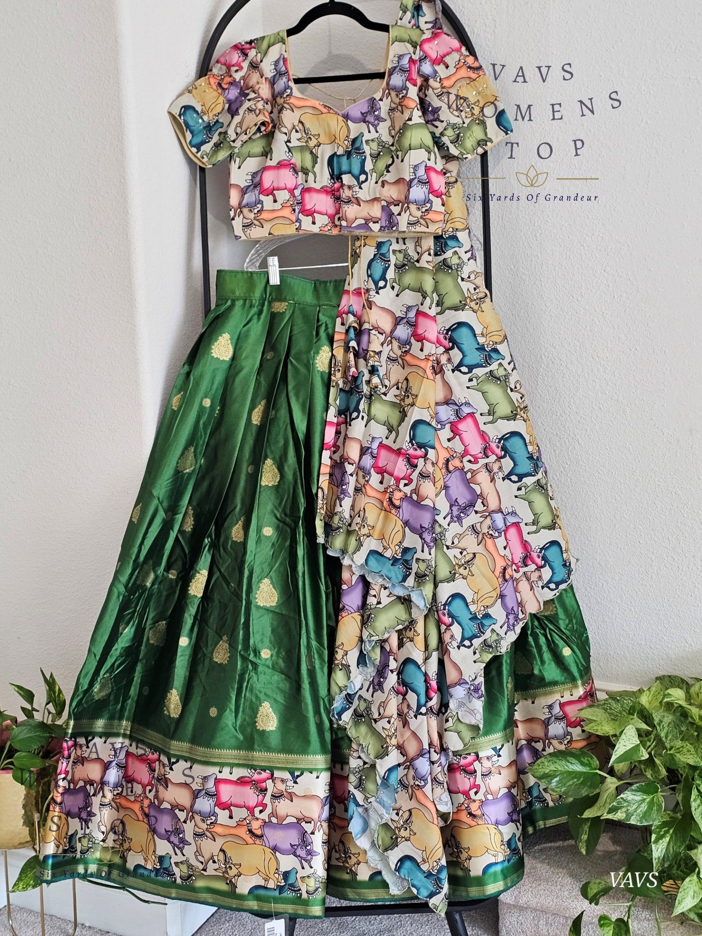 Green Benarasi-Pichwai Designer Half Saree Set | Pichwai Print Dupatta | Can-Can Lined | Ready-to-Ship | Size 36-42