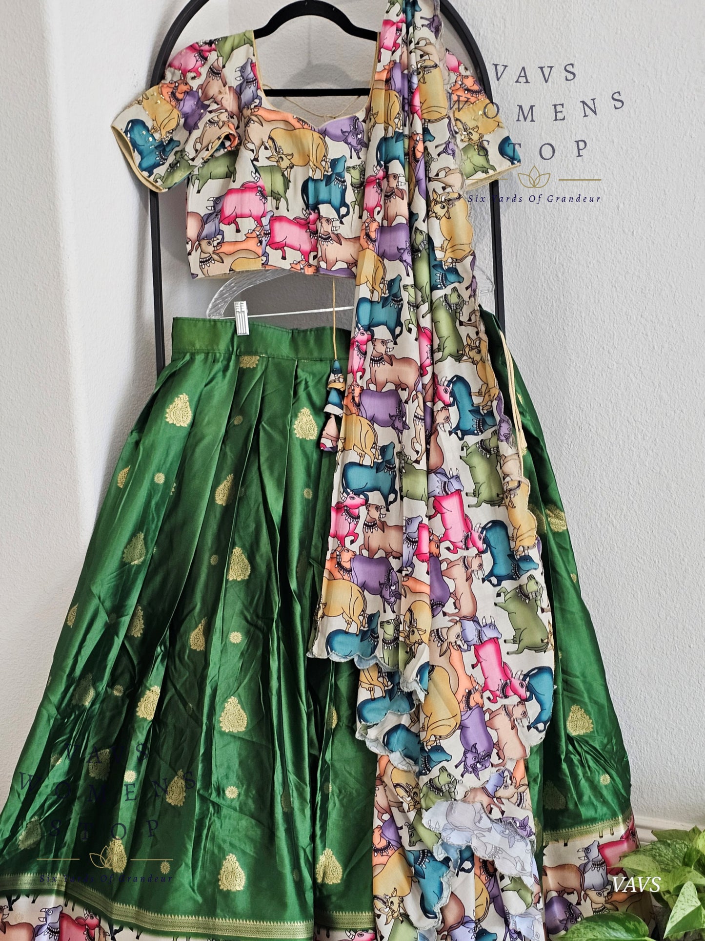Green Benarasi-Pichwai Designer Half Saree Set | Pichwai Print Dupatta | Can-Can Lined | Ready-to-Ship | Size 36-42