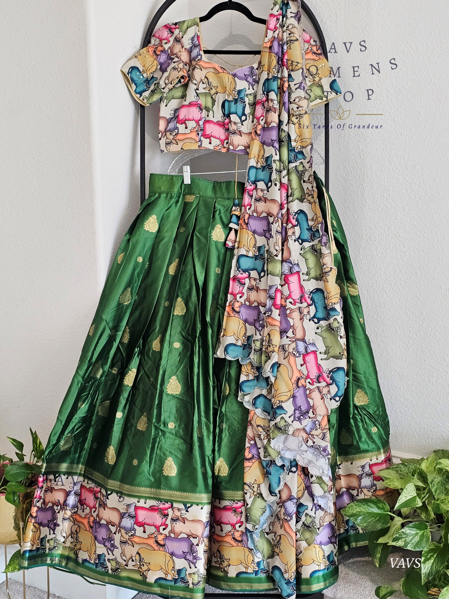Green Benarasi-Pichwai Designer Half Saree Set | Pichwai Print Dupatta | Can-Can Lined | Ready-to-Ship | Size 36-42