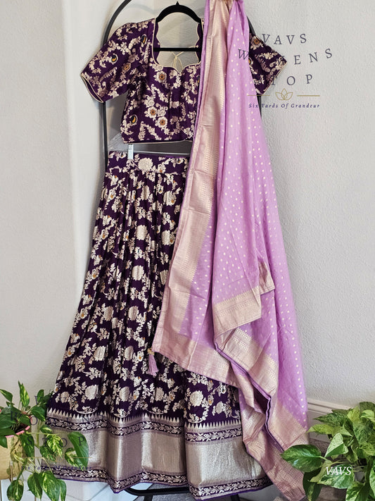 Purple Munga Benarasi Designer Half Saree Set | Can-Can Lined |
