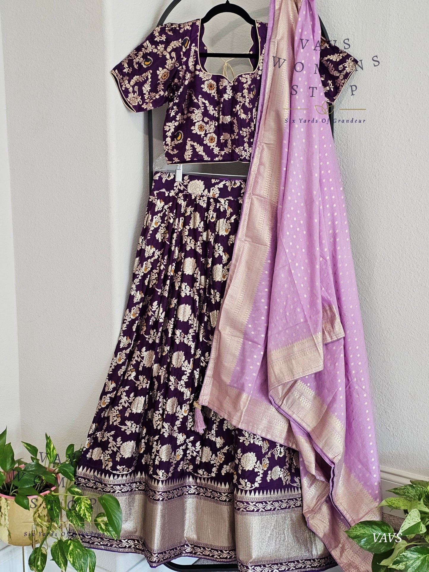 Purple Munga Benarasi Designer Half Saree Set | Can-Can Lined |