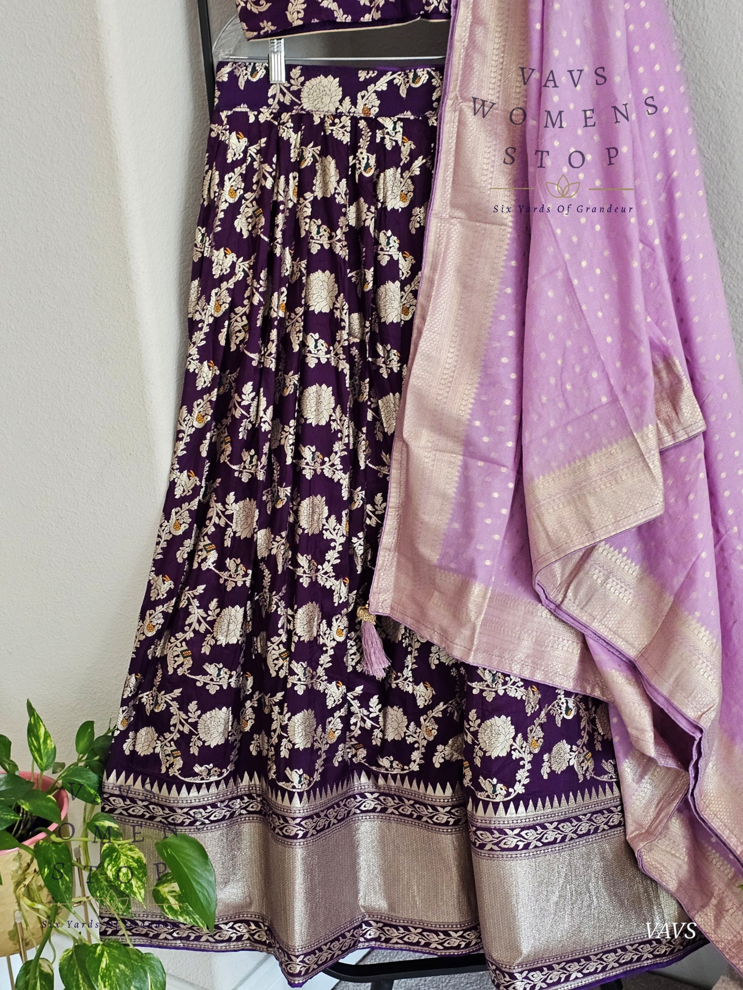 Purple Munga Benarasi Designer Half Saree Set | Can-Can Lined |