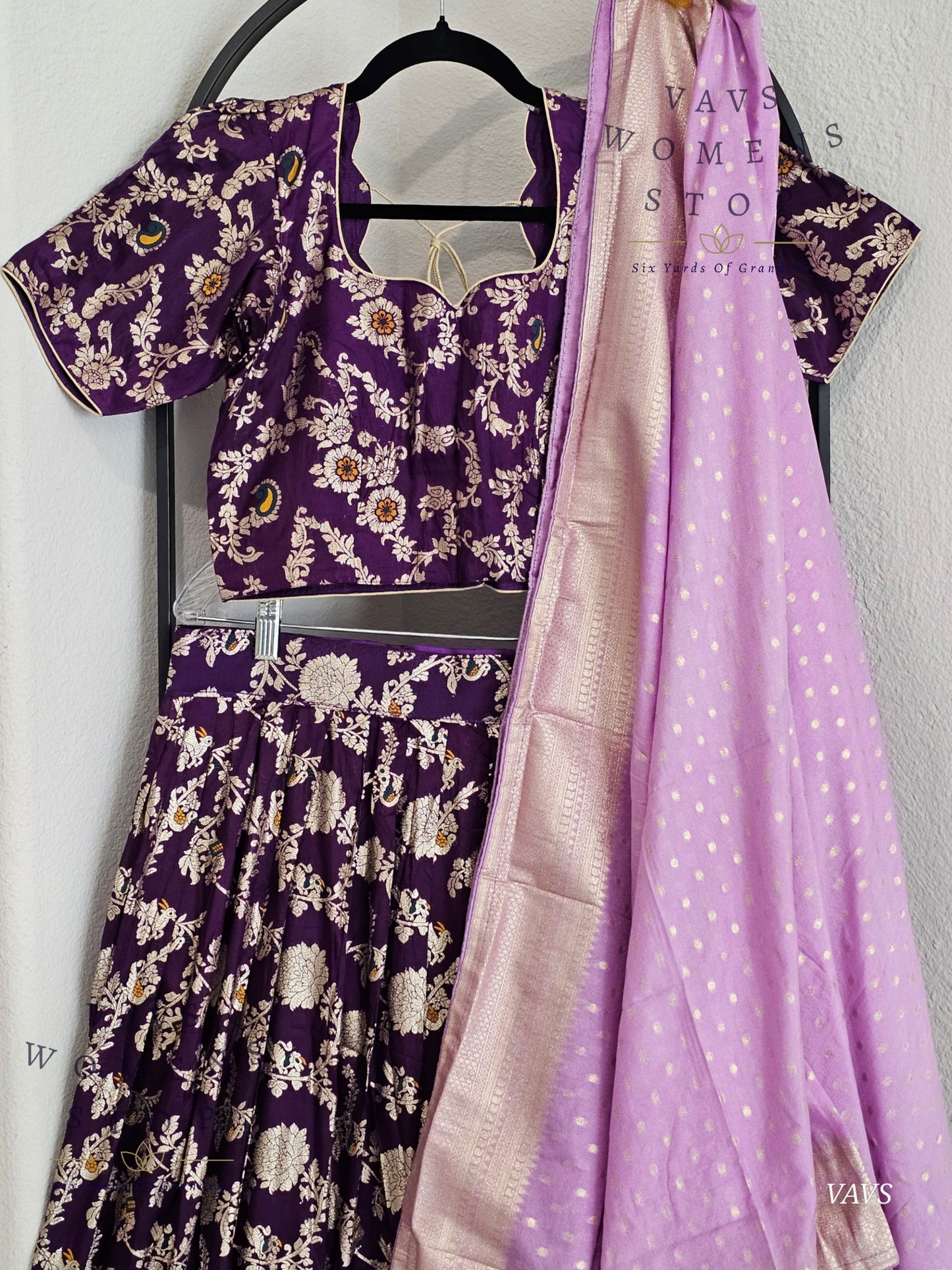 Purple Munga Benarasi Designer Half Saree Set | Can-Can Lined |