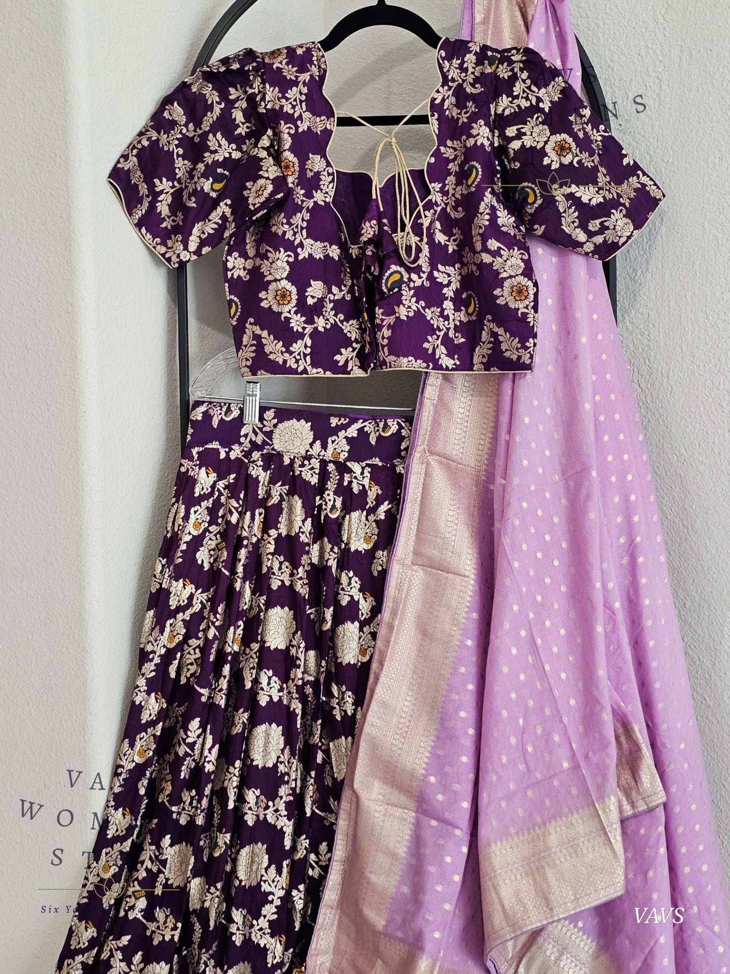 Purple Munga Benarasi Designer Half Saree Set | Can-Can Lined |