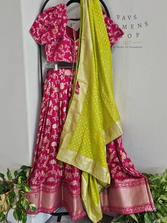 Pink All-Over Meenakari Designer Half Saree Set | Parrot Green Munga Silk Dupatta | Ready-to-Ship | Size 40-46| Can-Can Lined |