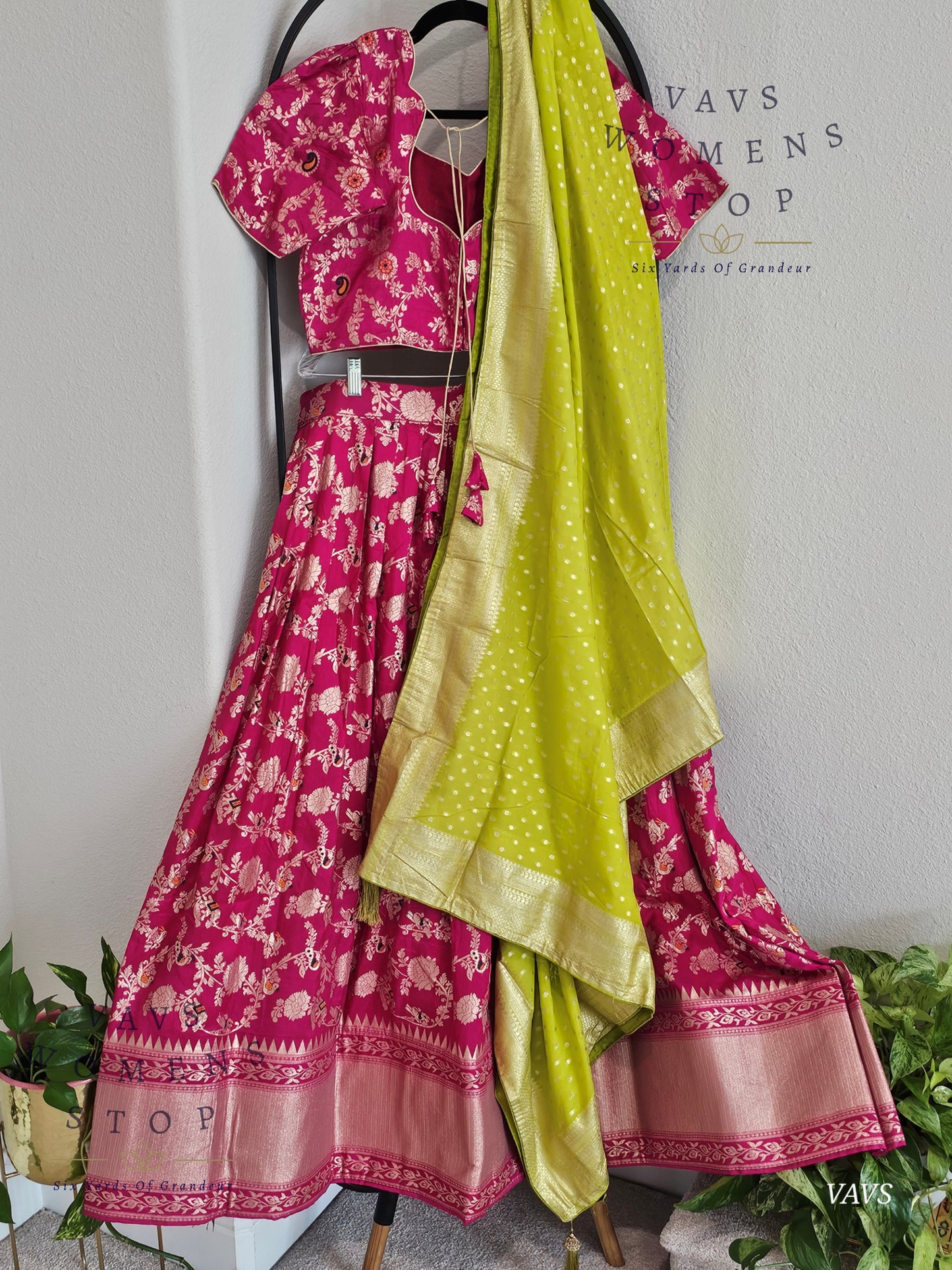Pink All-Over Meenakari Designer Half Saree Set | Parrot Green Munga Silk Dupatta | Ready-to-Ship | Size 40-46| Can-Can Lined |
