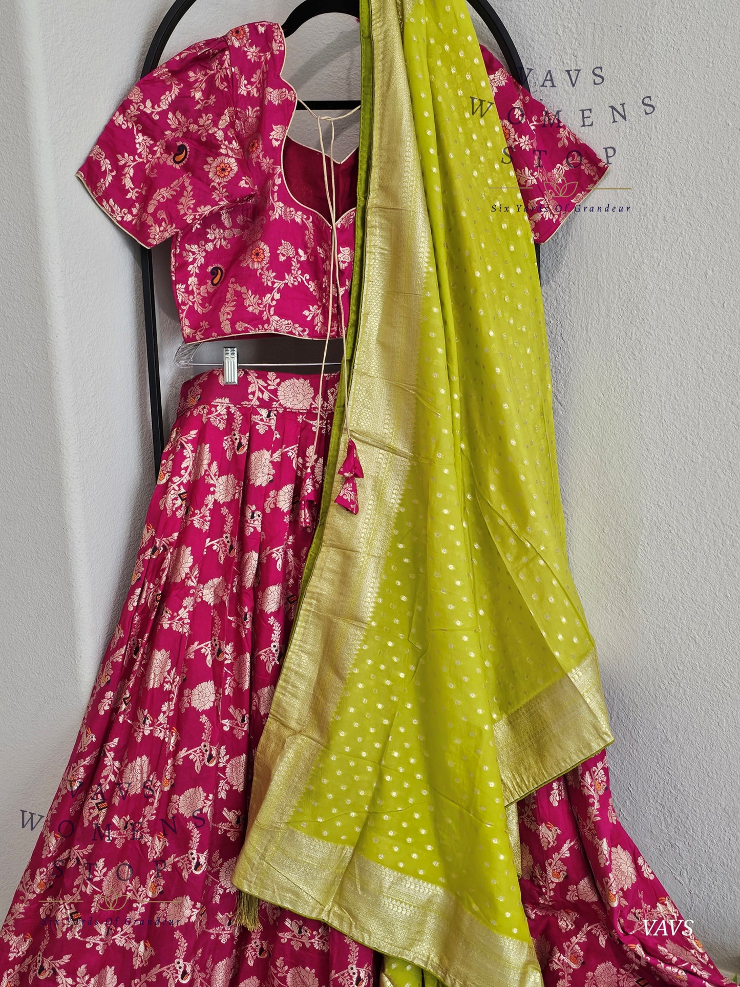 Pink All-Over Meenakari Designer Half Saree Set | Parrot Green Munga Silk Dupatta | Ready-to-Ship | Size 40-46| Can-Can Lined |