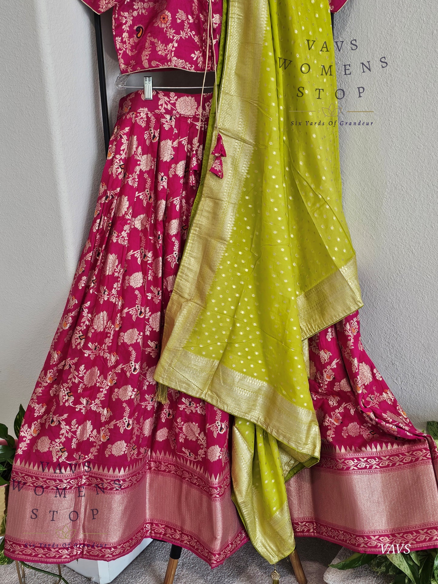 Pink All-Over Meenakari Designer Half Saree Set | Parrot Green Munga Silk Dupatta | Ready-to-Ship | Size 40-46| Can-Can Lined |
