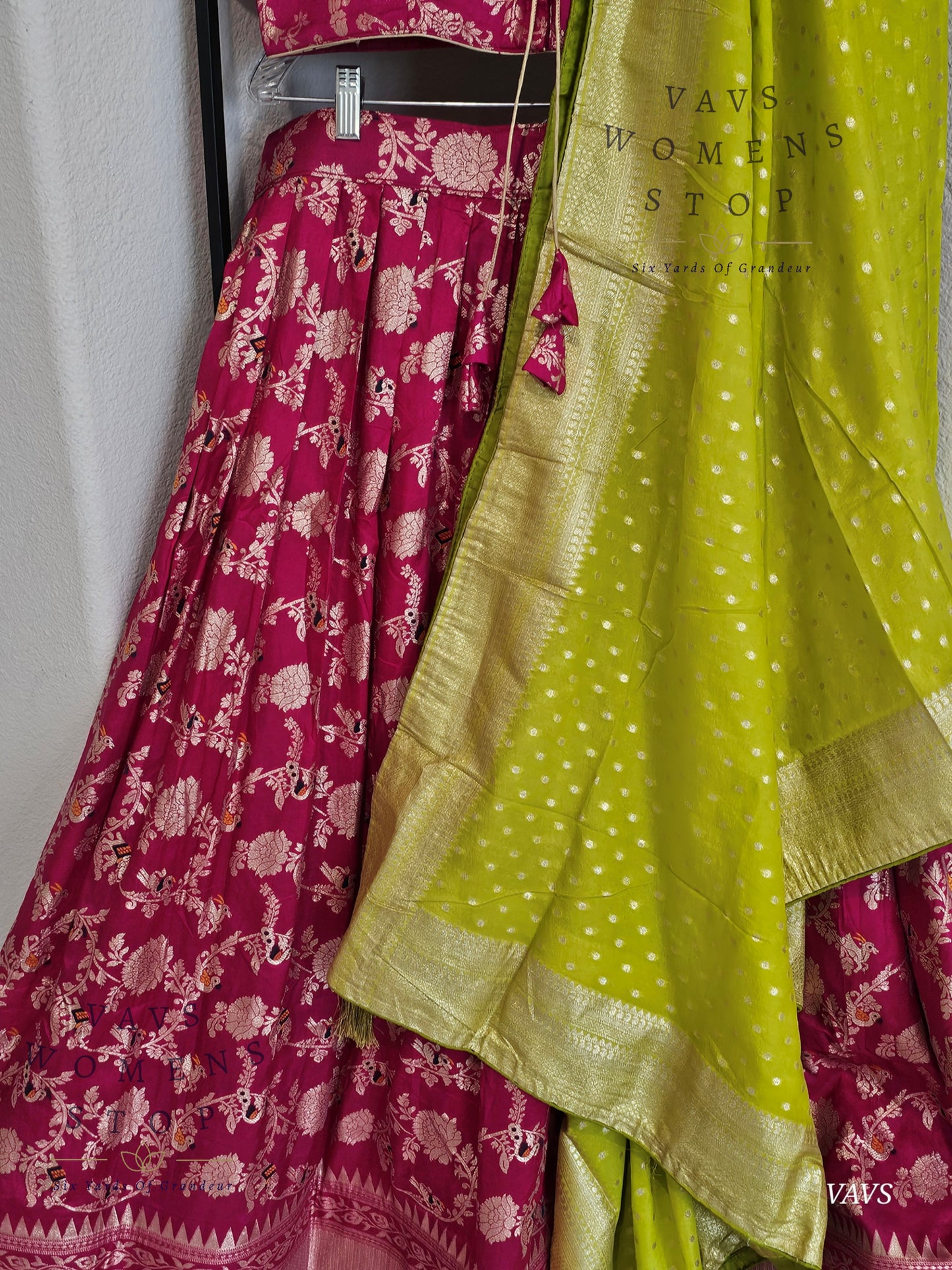 Pink All-Over Meenakari Designer Half Saree Set | Parrot Green Munga Silk Dupatta | Ready-to-Ship | Size 40-46| Can-Can Lined |
