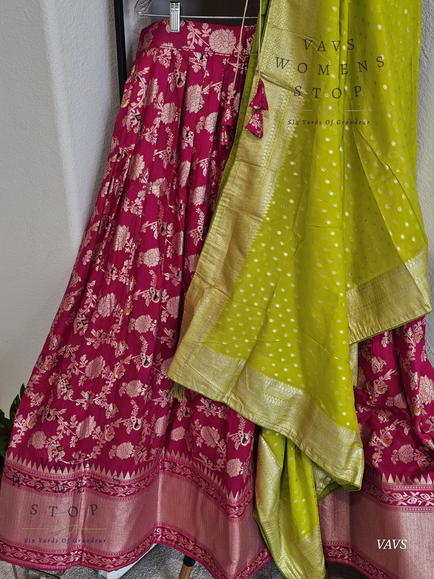 Pink All-Over Meenakari Designer Half Saree Set | Parrot Green Munga Silk Dupatta | Ready-to-Ship | Size 40-46| Can-Can Lined |