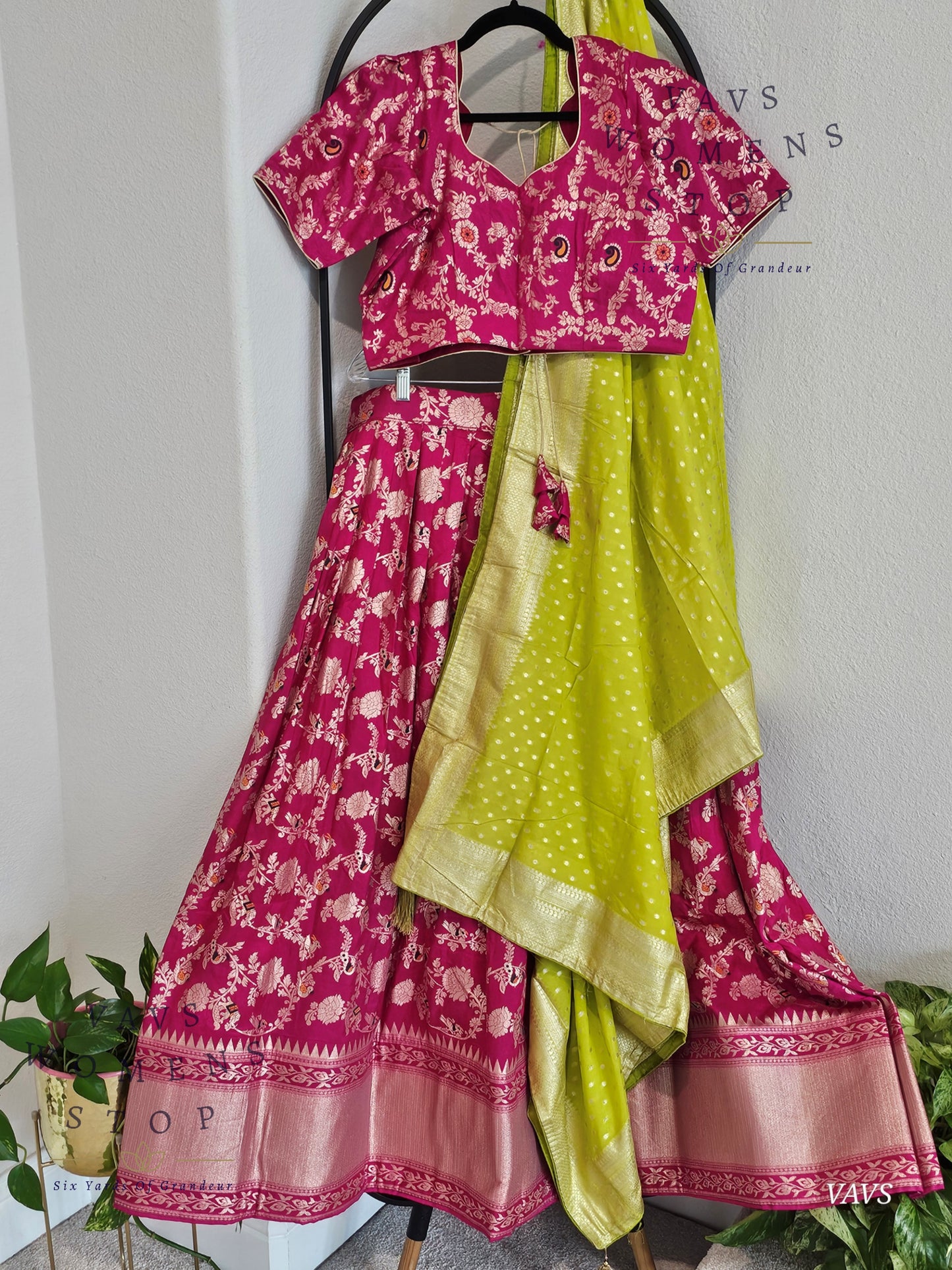 Pink All-Over Meenakari Designer Half Saree Set | Parrot Green Munga Silk Dupatta | Ready-to-Ship | Size 40-46| Can-Can Lined |