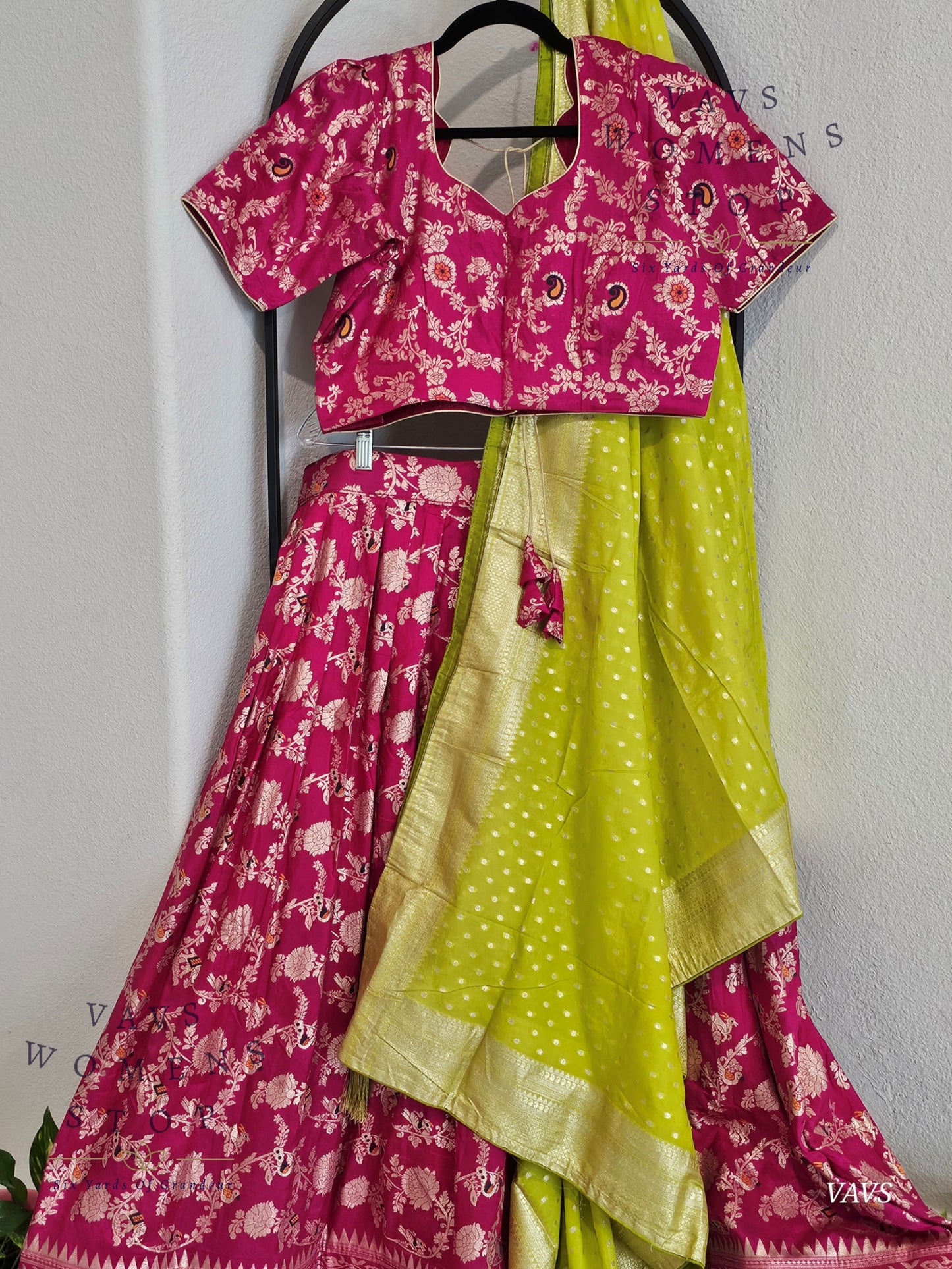 Pink All-Over Meenakari Designer Half Saree Set | Parrot Green Munga Silk Dupatta | Ready-to-Ship | Size 40-46| Can-Can Lined |