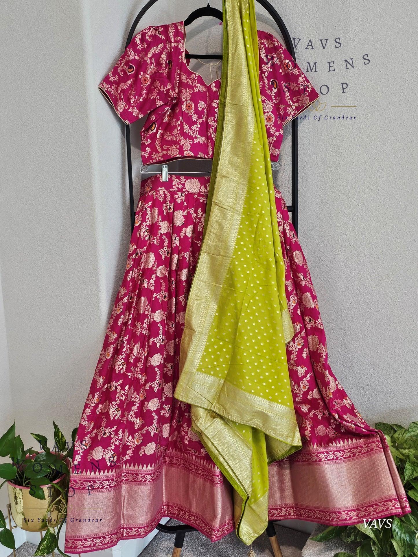 Pink All-Over Meenakari Designer Half Saree Set | Parrot Green Munga Silk Dupatta | Ready-to-Ship | Size 40-46| Can-Can Lined |