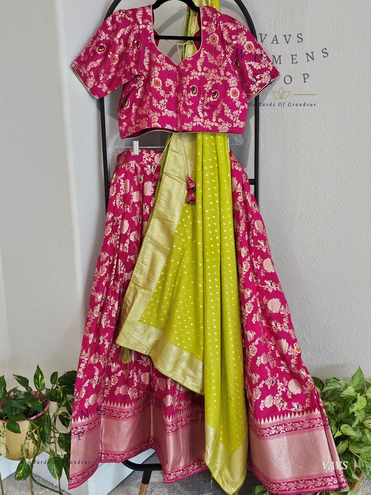 Pink All-Over Meenakari Designer Half Saree Set | Parrot Green Munga Silk Dupatta | Ready-to-Ship | Size 40-46| Can-Can Lined |