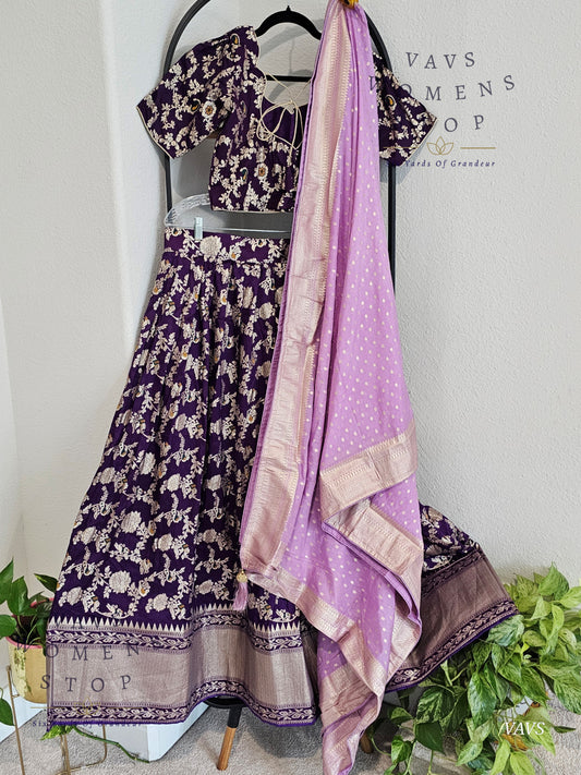 Purple Munga Benarasi Designer Half Saree Set | Can-Can Lined |