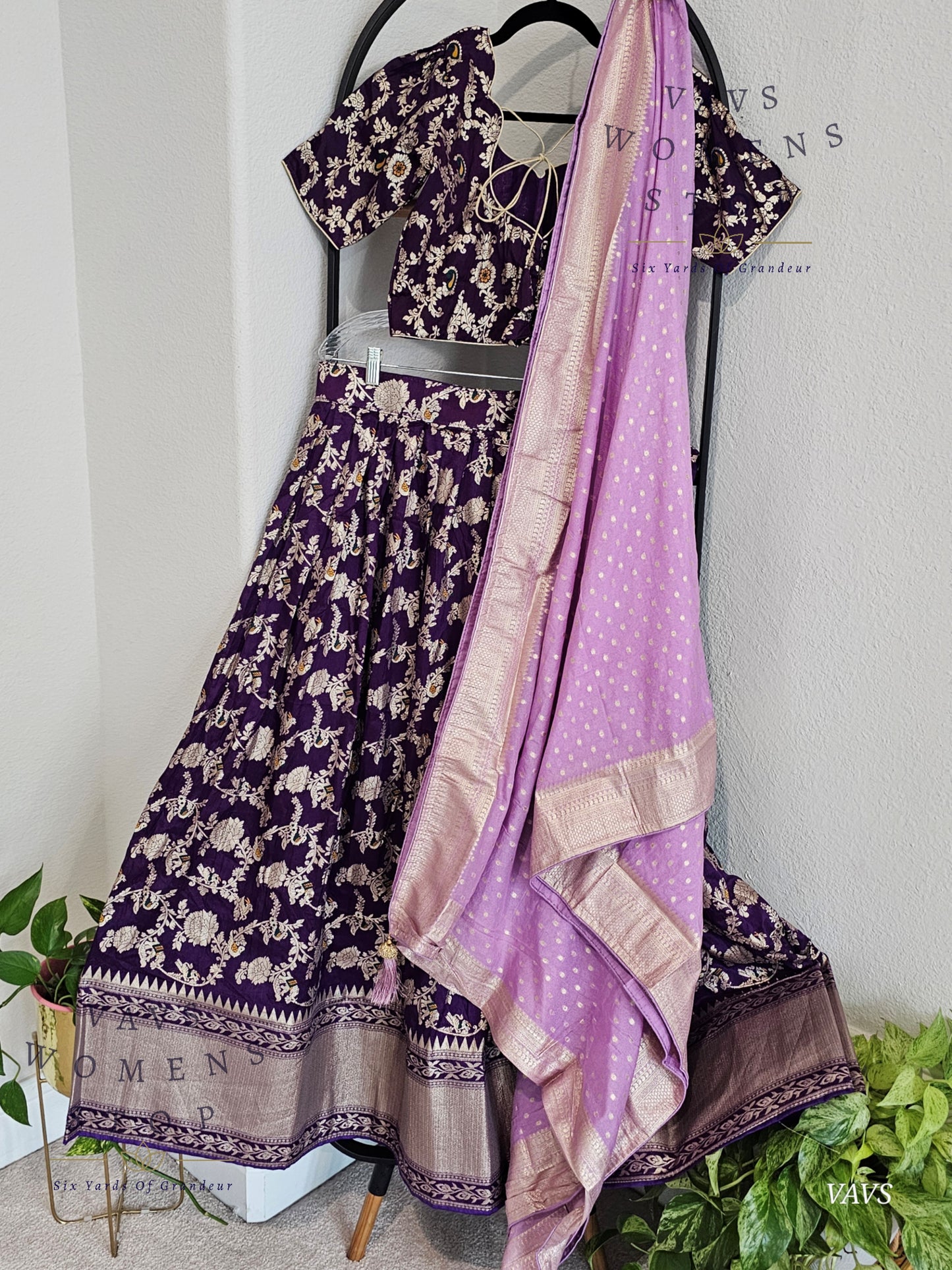 Purple Munga Benarasi Designer Half Saree Set | Can-Can Lined |