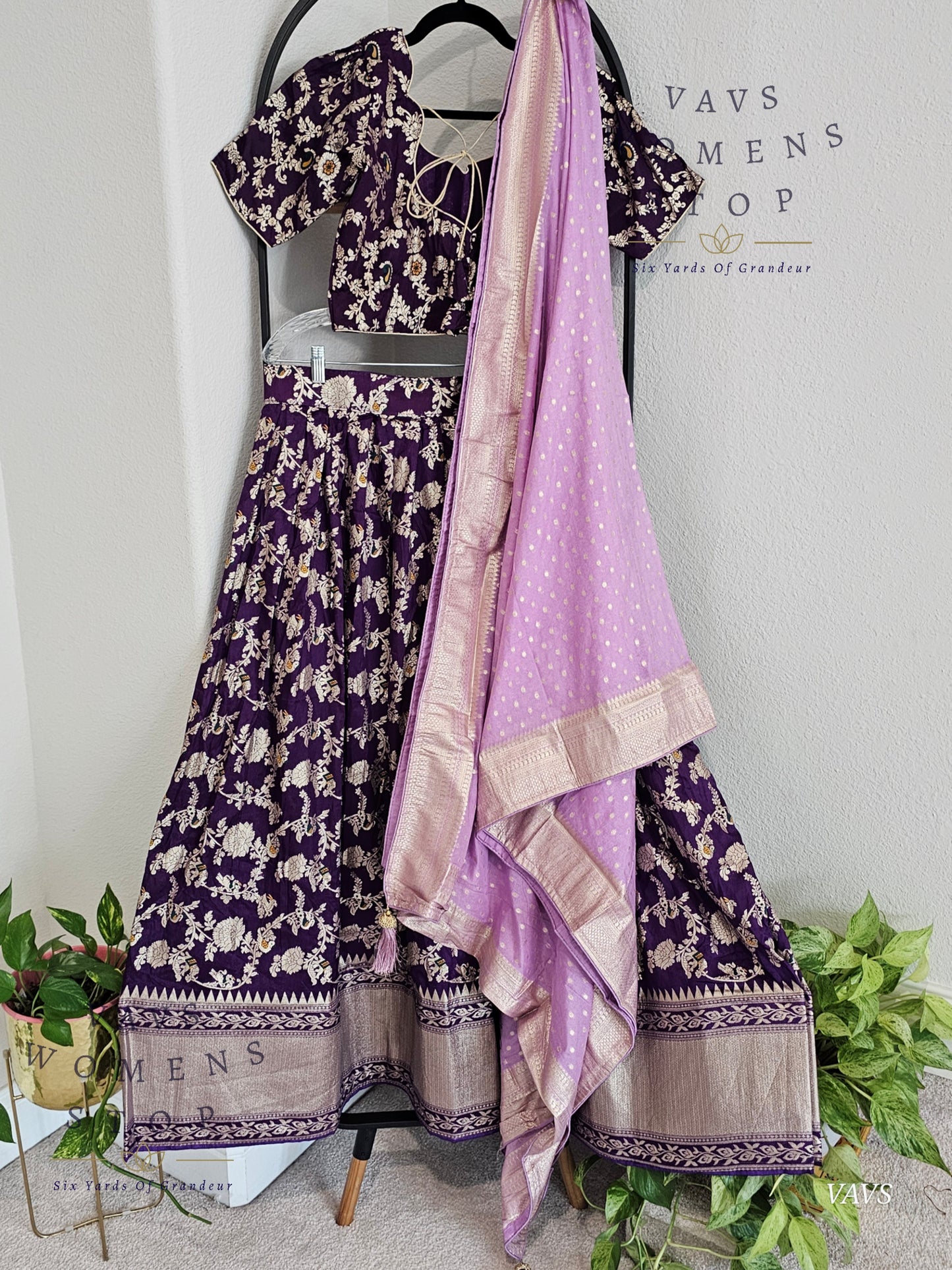 Purple Munga Benarasi Designer Half Saree Set | Can-Can Lined |