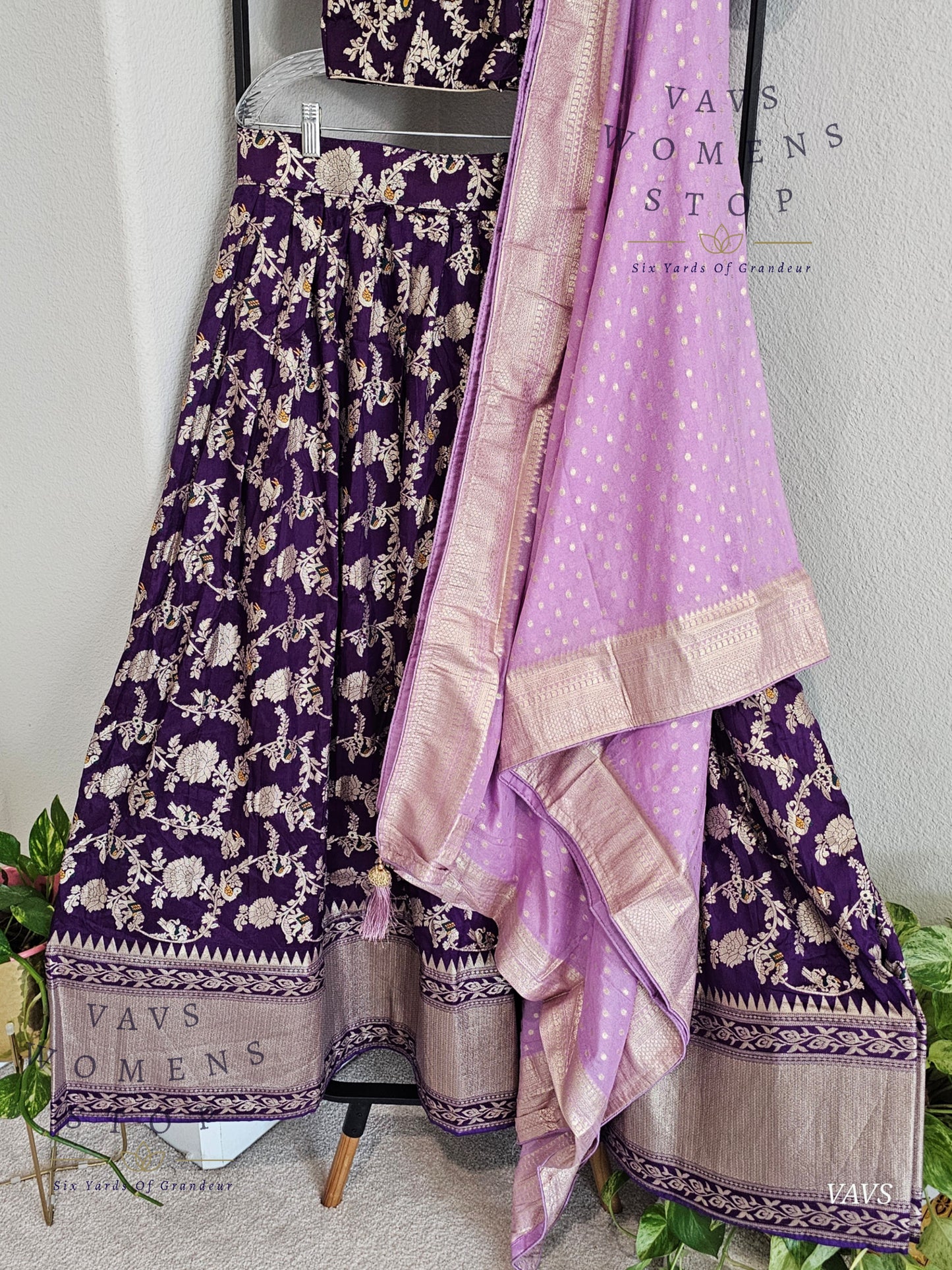 Purple Munga Benarasi Designer Half Saree Set | Can-Can Lined |