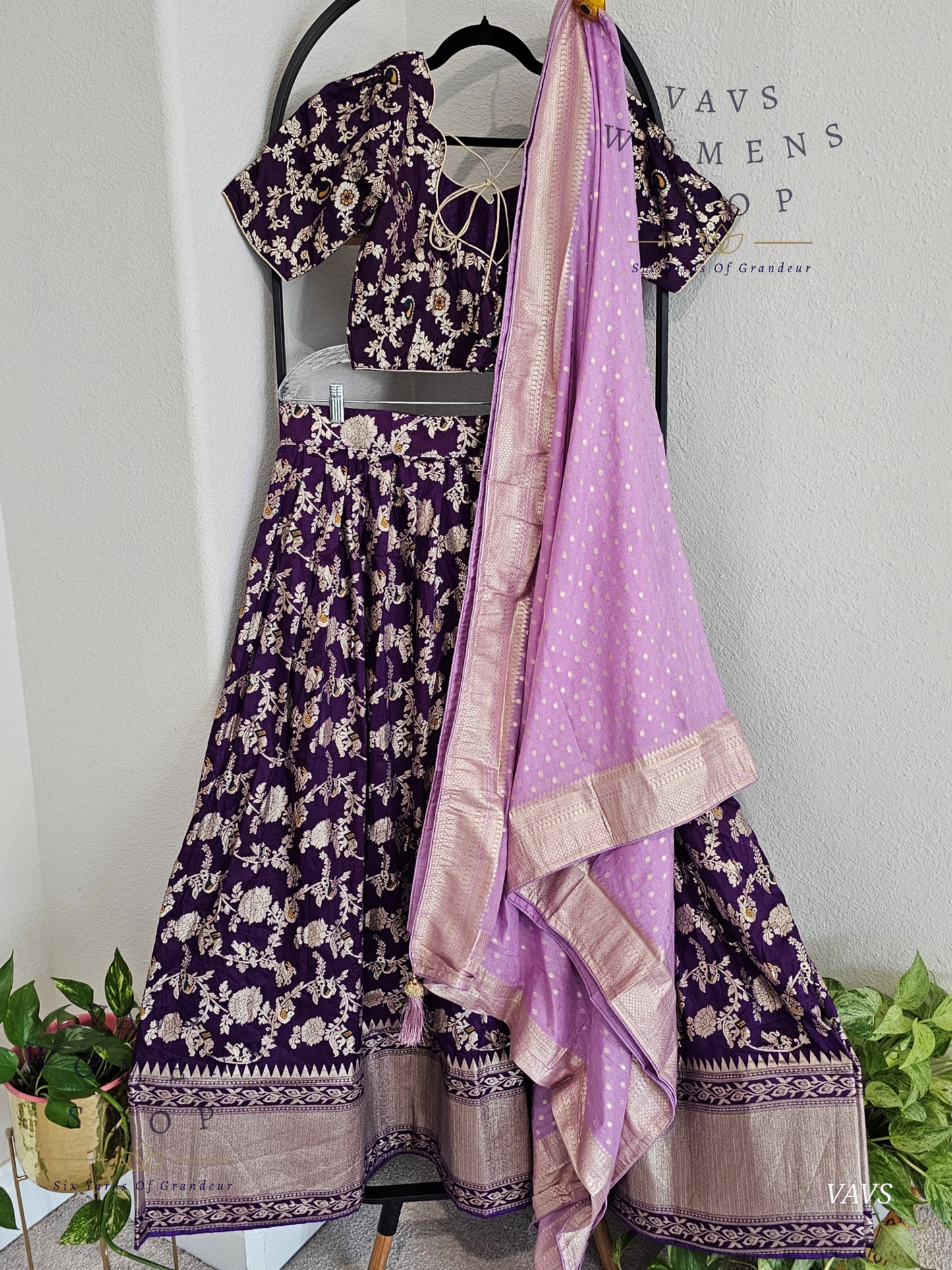 Purple Munga Benarasi Designer Half Saree Set | Can-Can Lined |