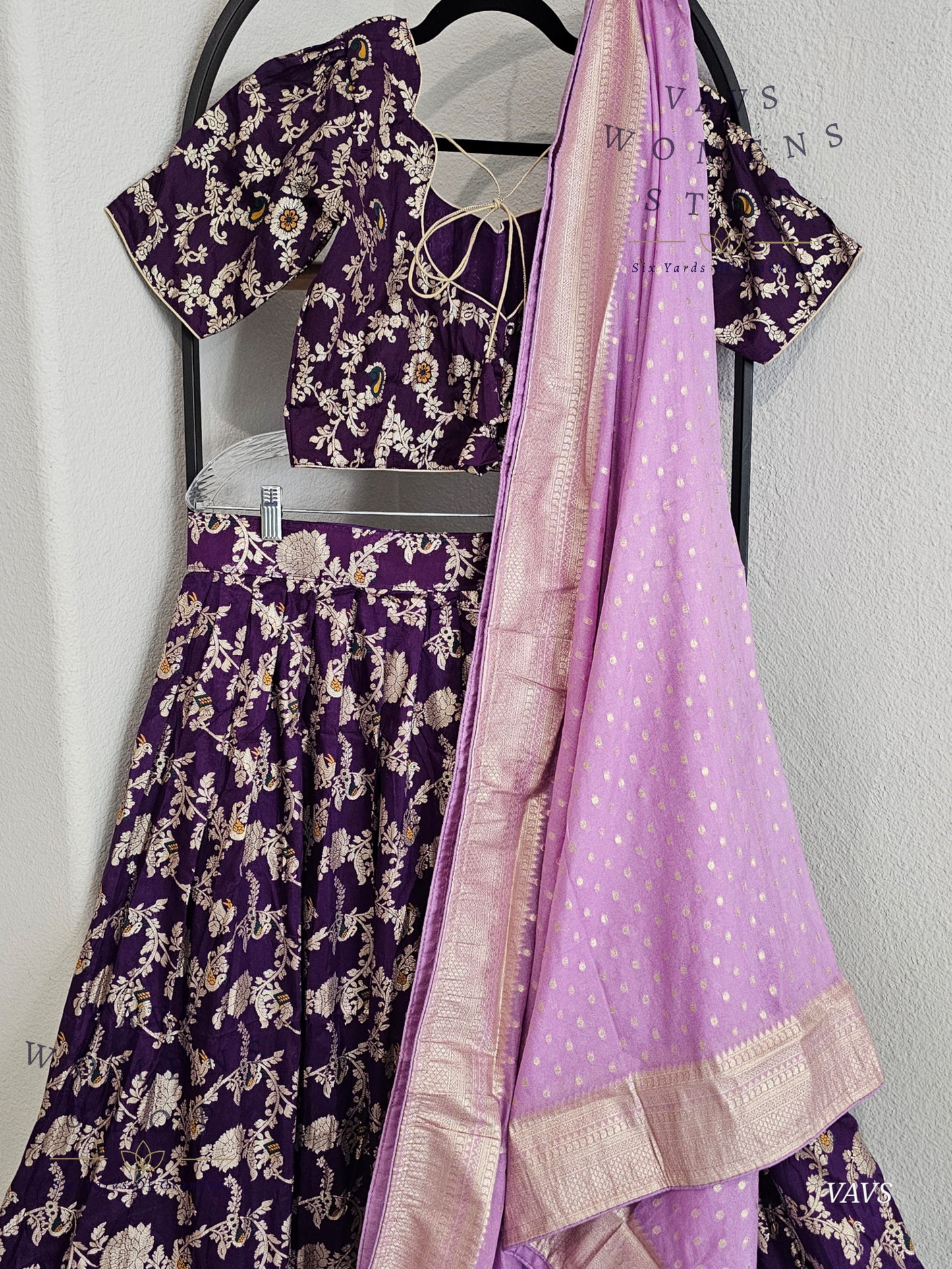 Purple Munga Benarasi Designer Half Saree Set | Can-Can Lined |