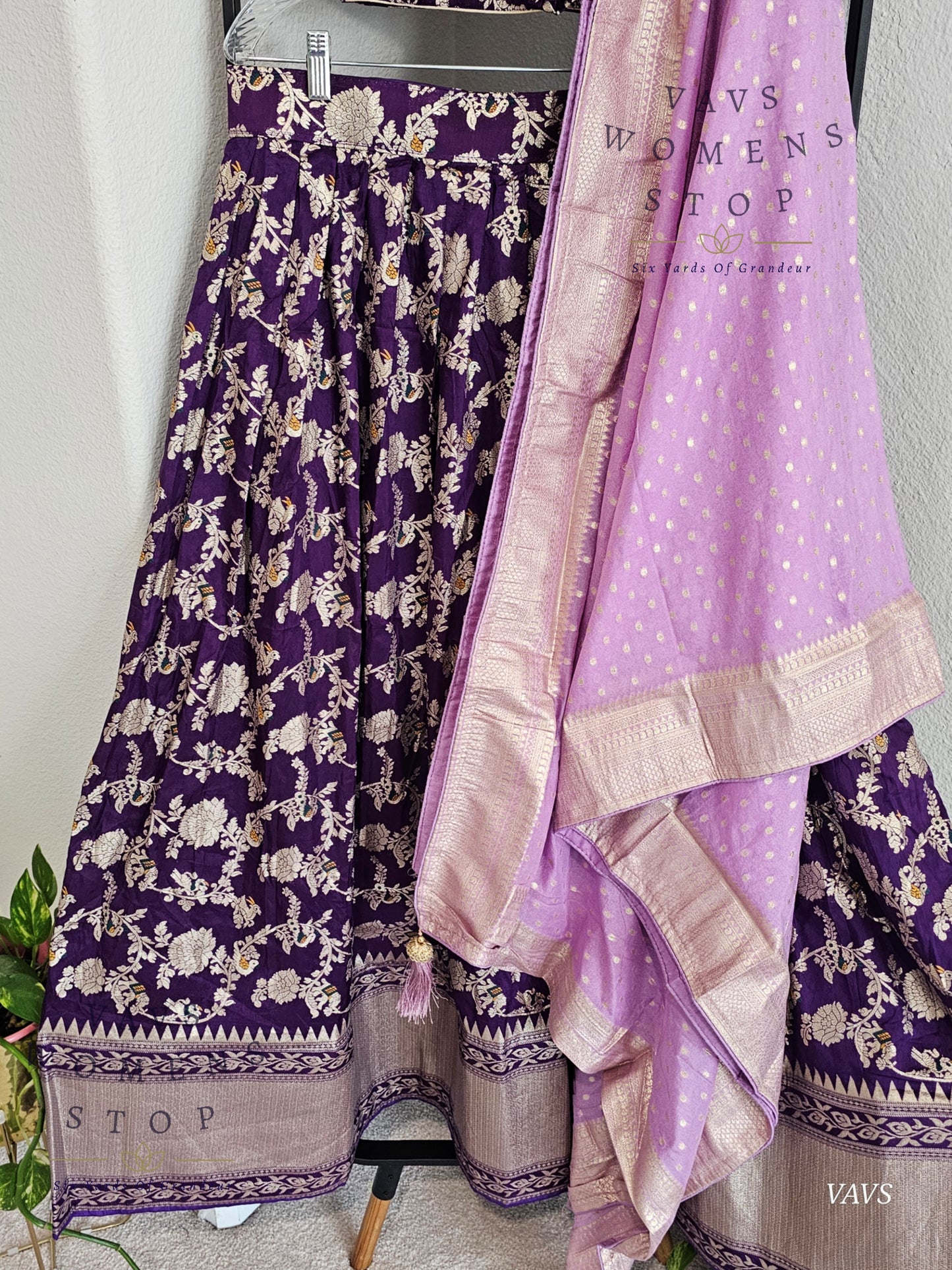 Purple Munga Benarasi Designer Half Saree Set | Can-Can Lined |