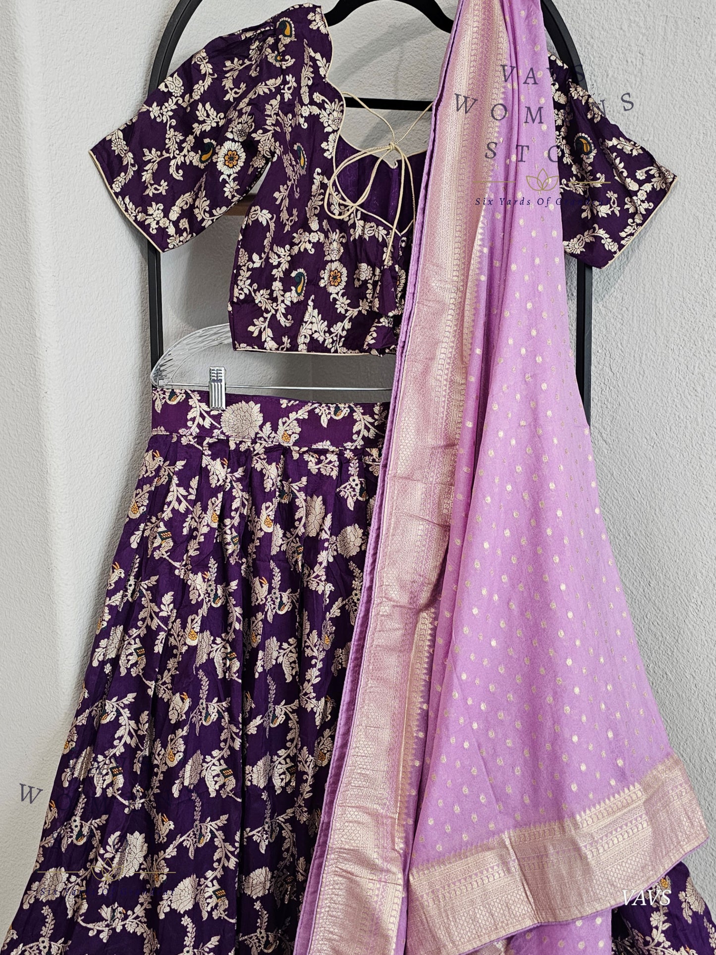 Purple Munga Benarasi Designer Half Saree Set | Can-Can Lined |