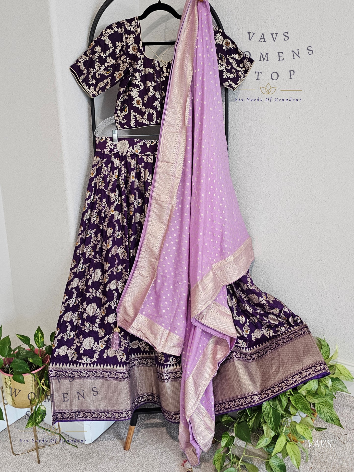 Purple Munga Benarasi Designer Half Saree Set | Can-Can Lined |