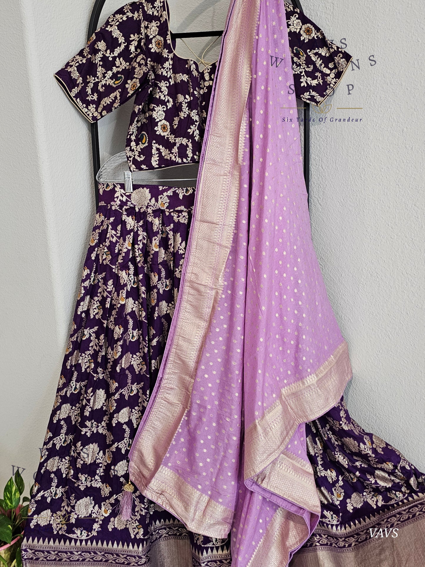 Purple Munga Benarasi Designer Half Saree Set | Can-Can Lined |