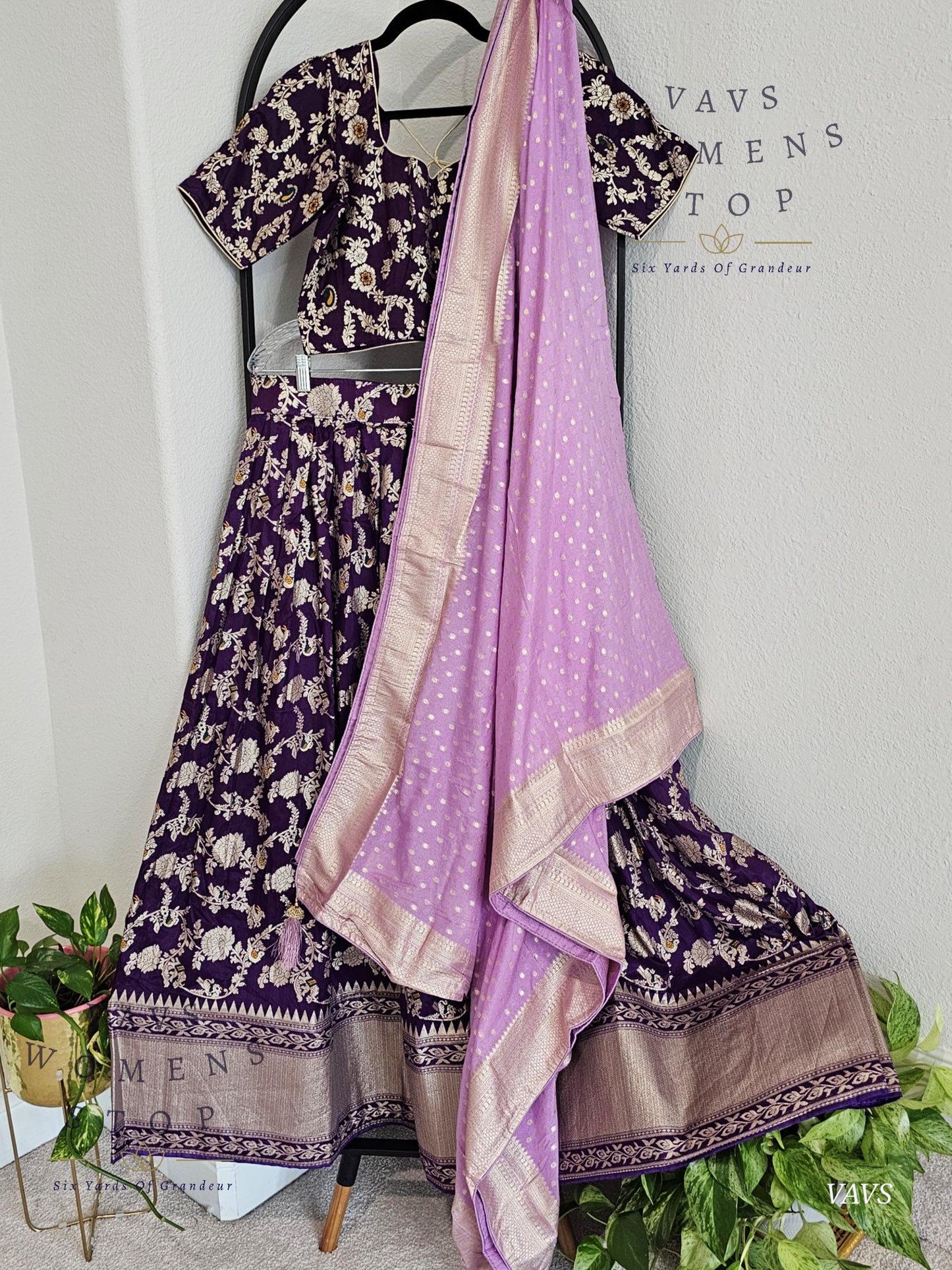 Purple Munga Benarasi Designer Half Saree Set | Can-Can Lined |