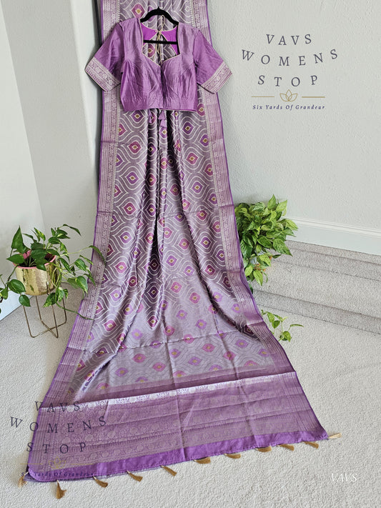 Lavender Lilac Pure Chiniya Silk Saree with Stitched Blouse Size 38 - 43 | Ready to Ship