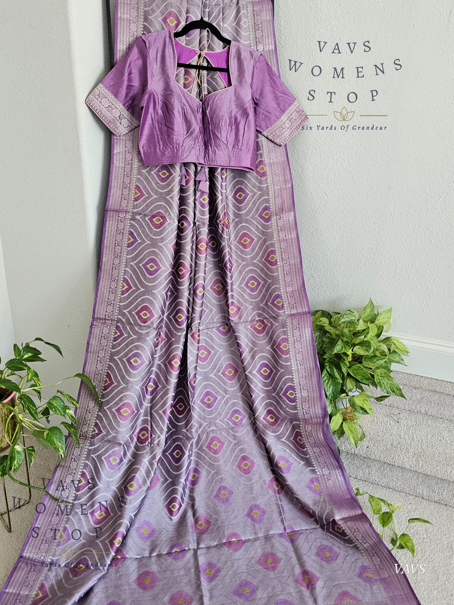 Lavender Lilac Pure Chiniya Silk Saree with Stitched Blouse Size 38 - 43 | Ready to Ship