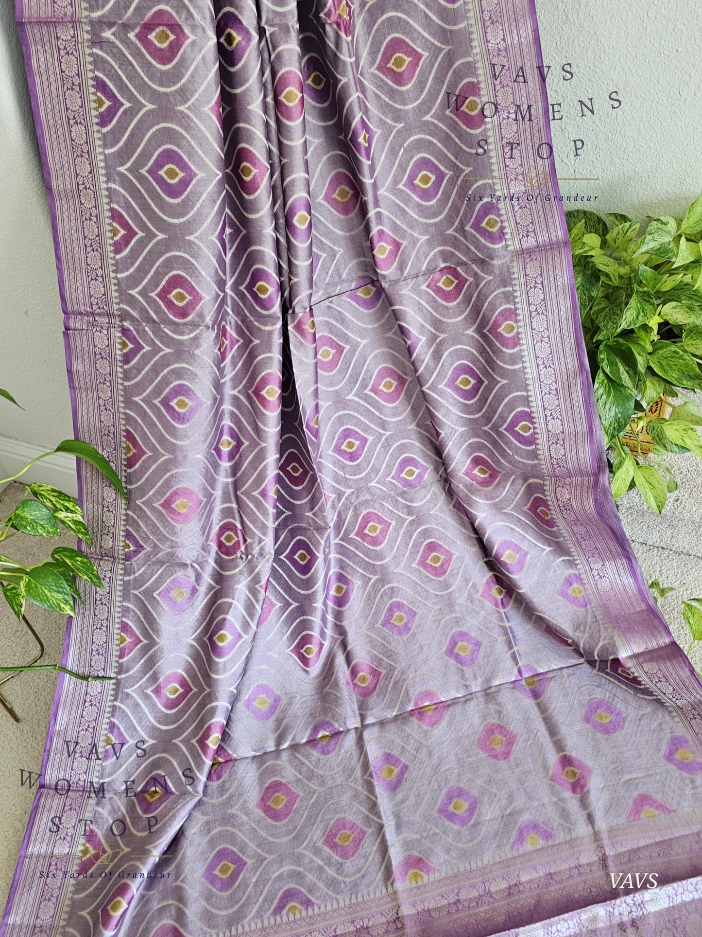 Lavender Lilac Pure Chiniya Silk Saree with Stitched Blouse Size 38 - 43 | Ready to Ship