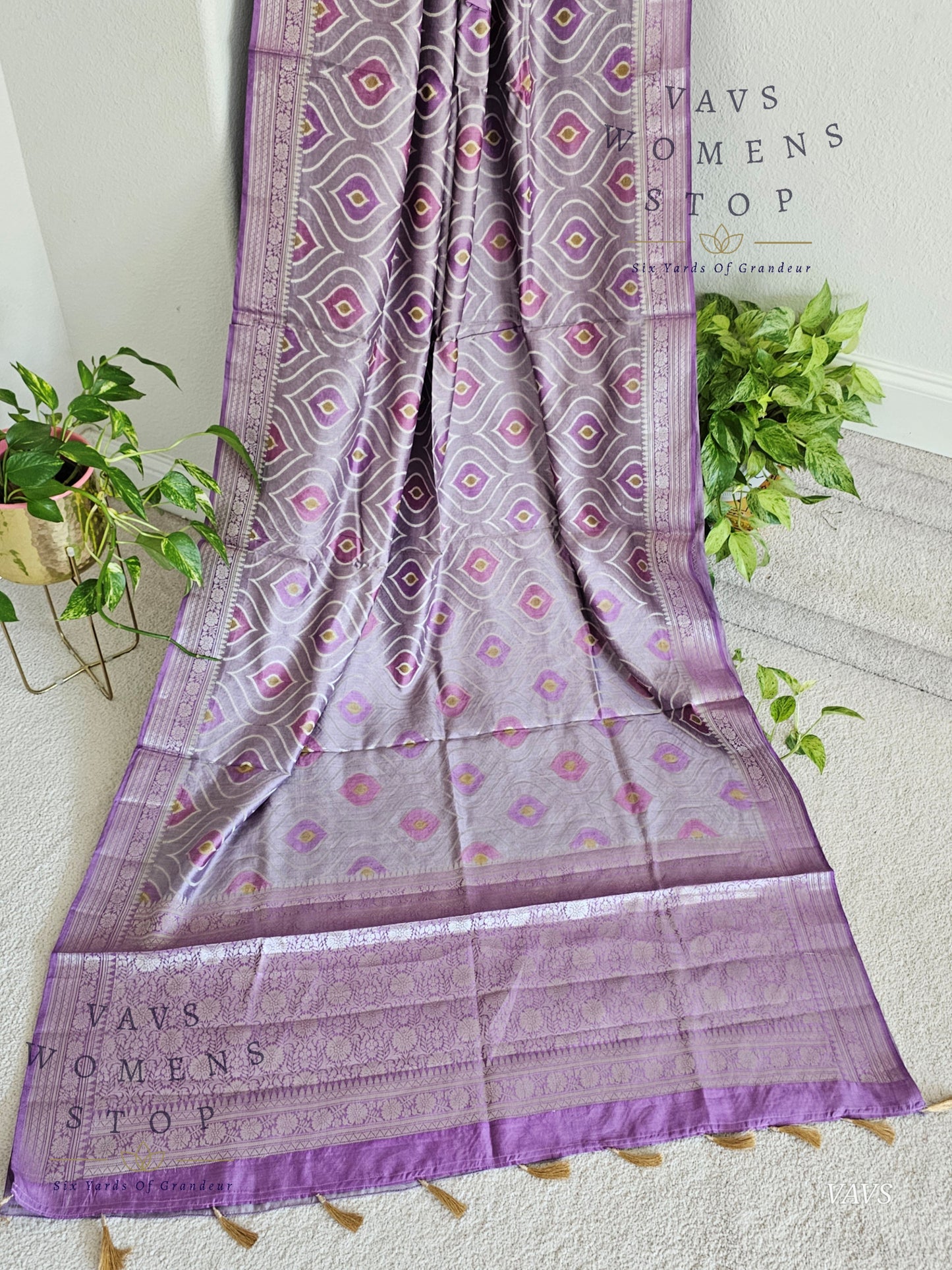 Lavender Lilac Pure Chiniya Silk Saree with Stitched Blouse Size 38 - 43 | Ready to Ship