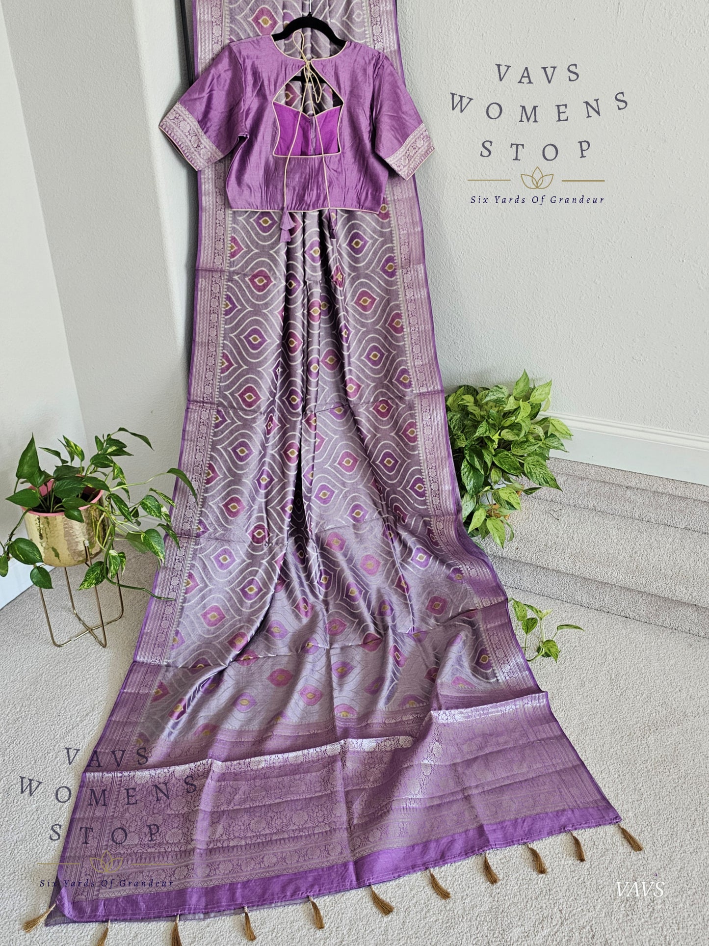Lavender Lilac Pure Chiniya Silk Saree with Stitched Blouse Size 38 - 43 | Ready to Ship