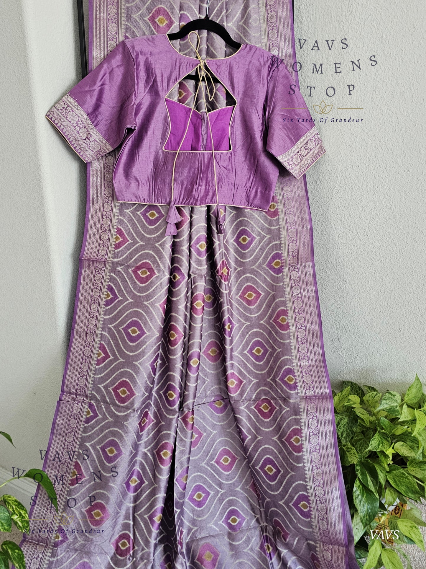 Lavender Lilac Pure Chiniya Silk Saree with Stitched Blouse Size 38 - 43 | Ready to Ship