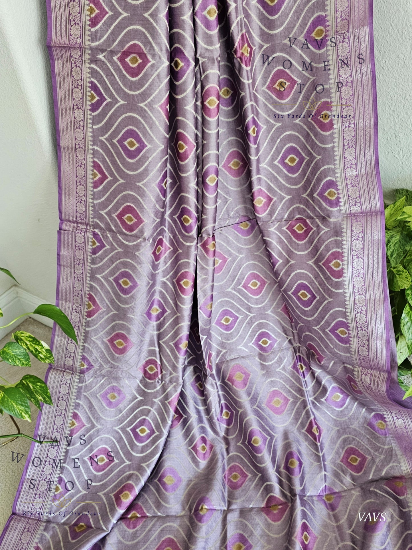 Lavender Lilac Pure Chiniya Silk Saree with Stitched Blouse Size 38 - 43 | Ready to Ship
