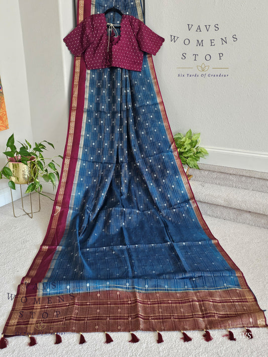 Classy Peacock Blue Soft Dola Silk Saree with Contrast Dark Pink Blouse