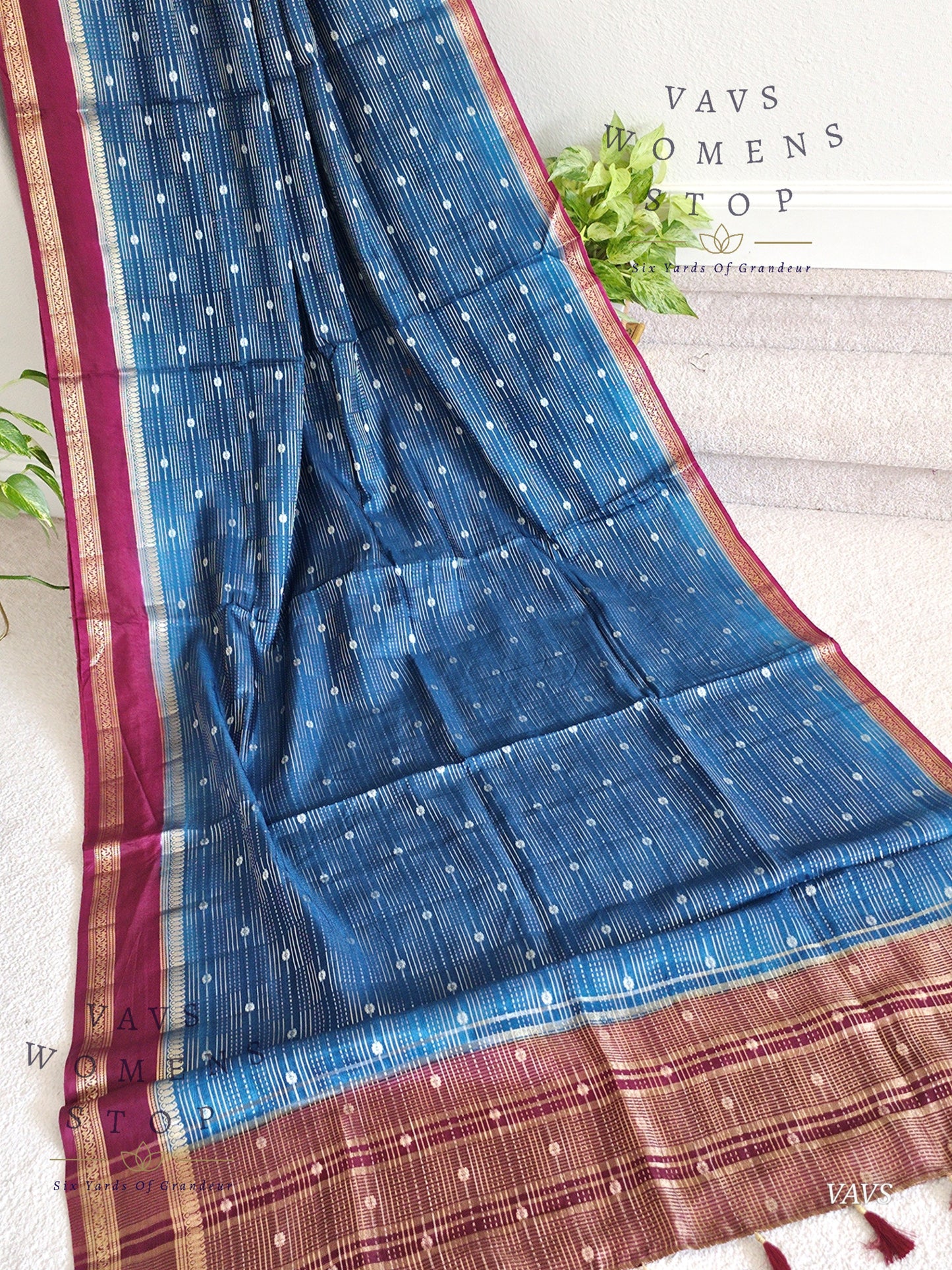 Classy Peacock Blue Soft Dola Silk Saree with Contrast Dark Pink Blouse