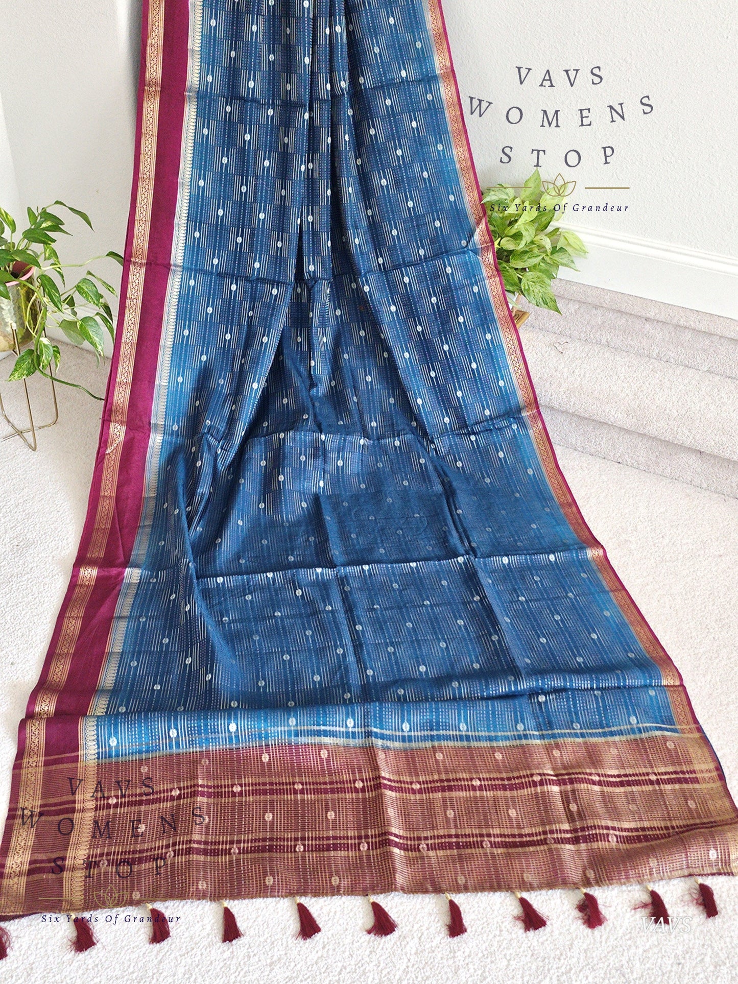 Classy Peacock Blue Soft Dola Silk Saree with Contrast Dark Pink Blouse