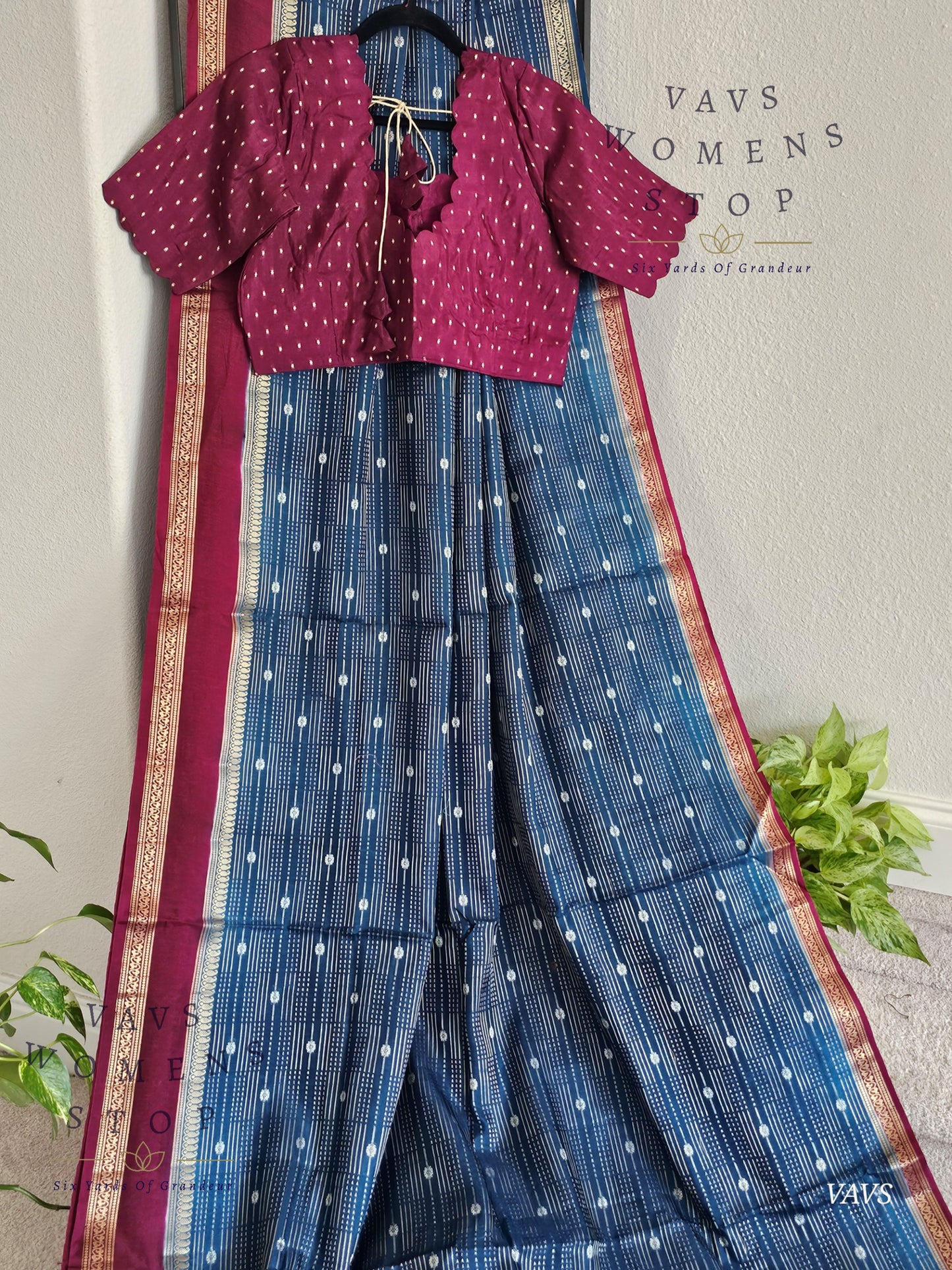 Classy Peacock Blue Soft Dola Silk Saree with Contrast Dark Pink Blouse