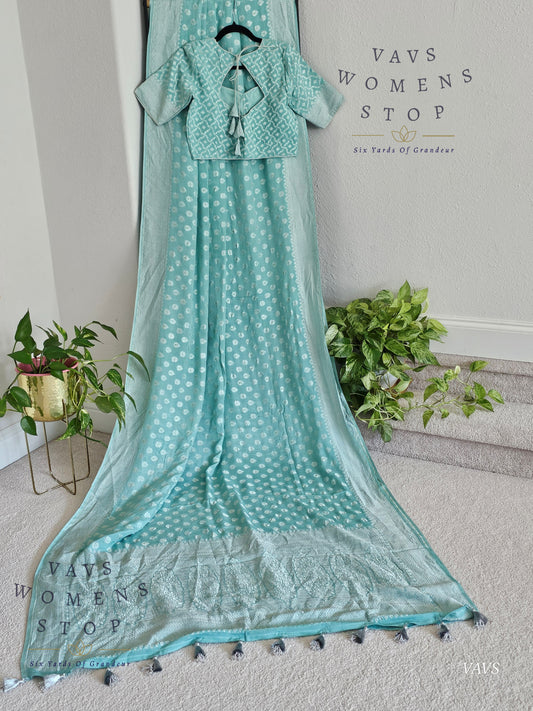 Light Blue Firozi Pure Kora Georgette Saree with Stitched Blouse