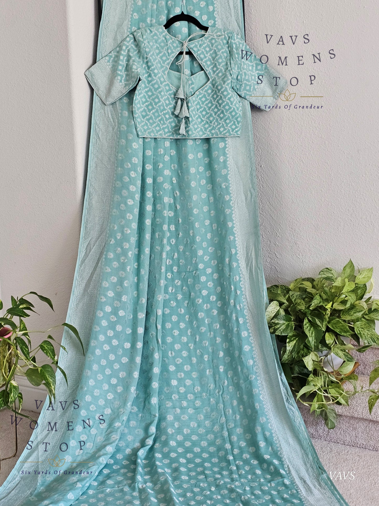 Light Blue Firozi Pure Kora Georgette Saree with Stitched Blouse