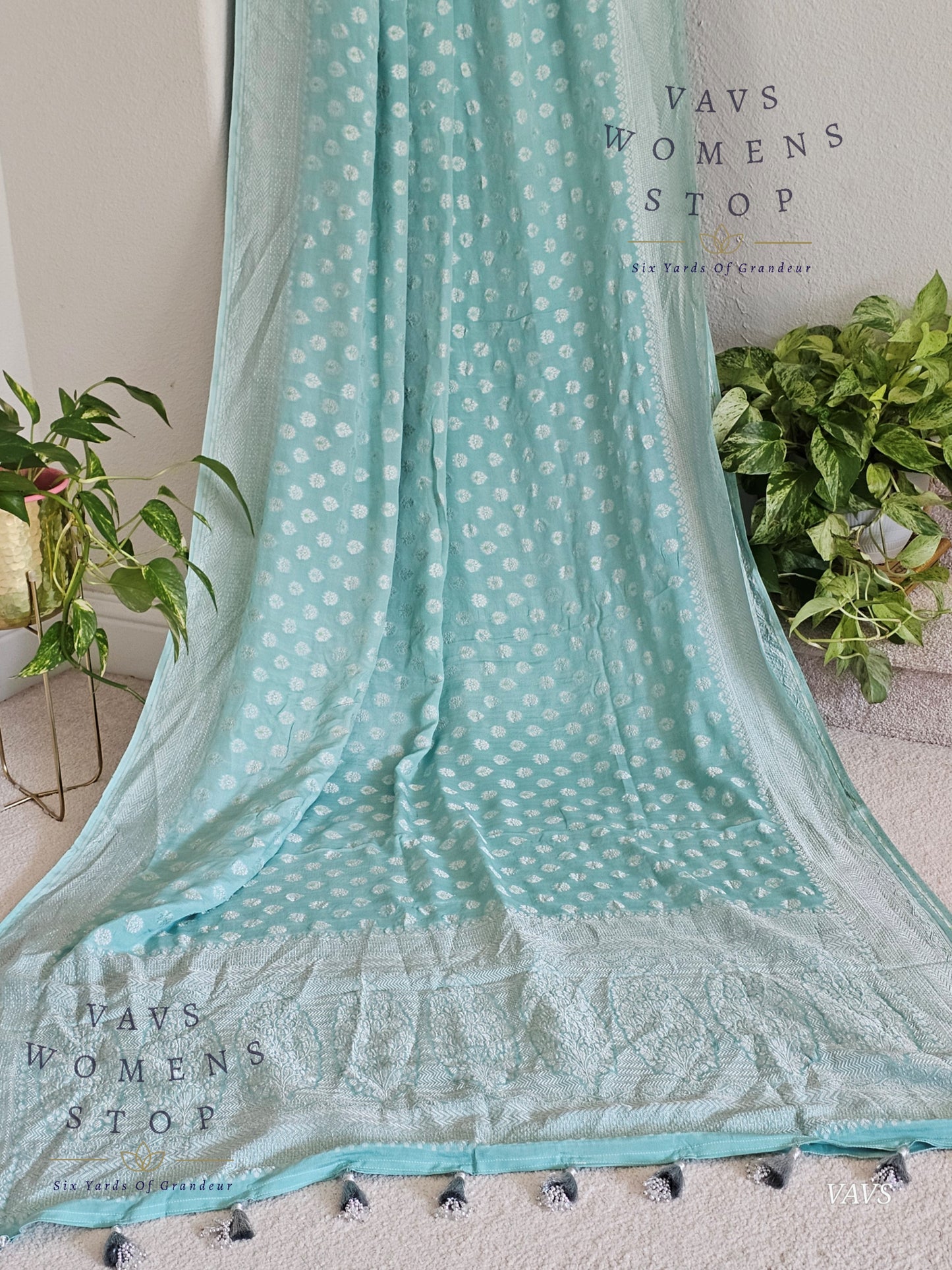 Light Blue Firozi Pure Kora Georgette Saree with Stitched Blouse