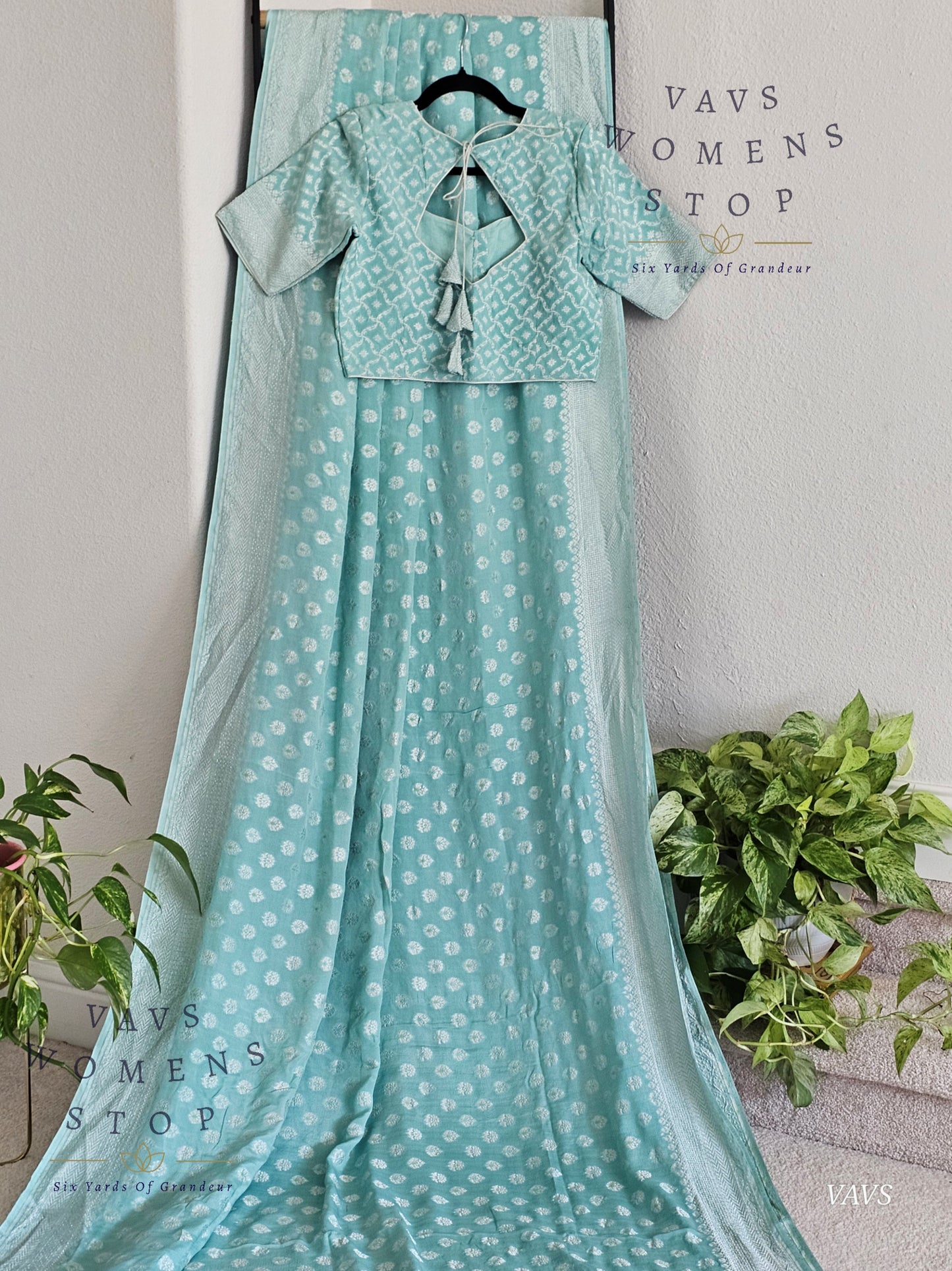 Light Blue Firozi Pure Kora Georgette Saree with Stitched Blouse