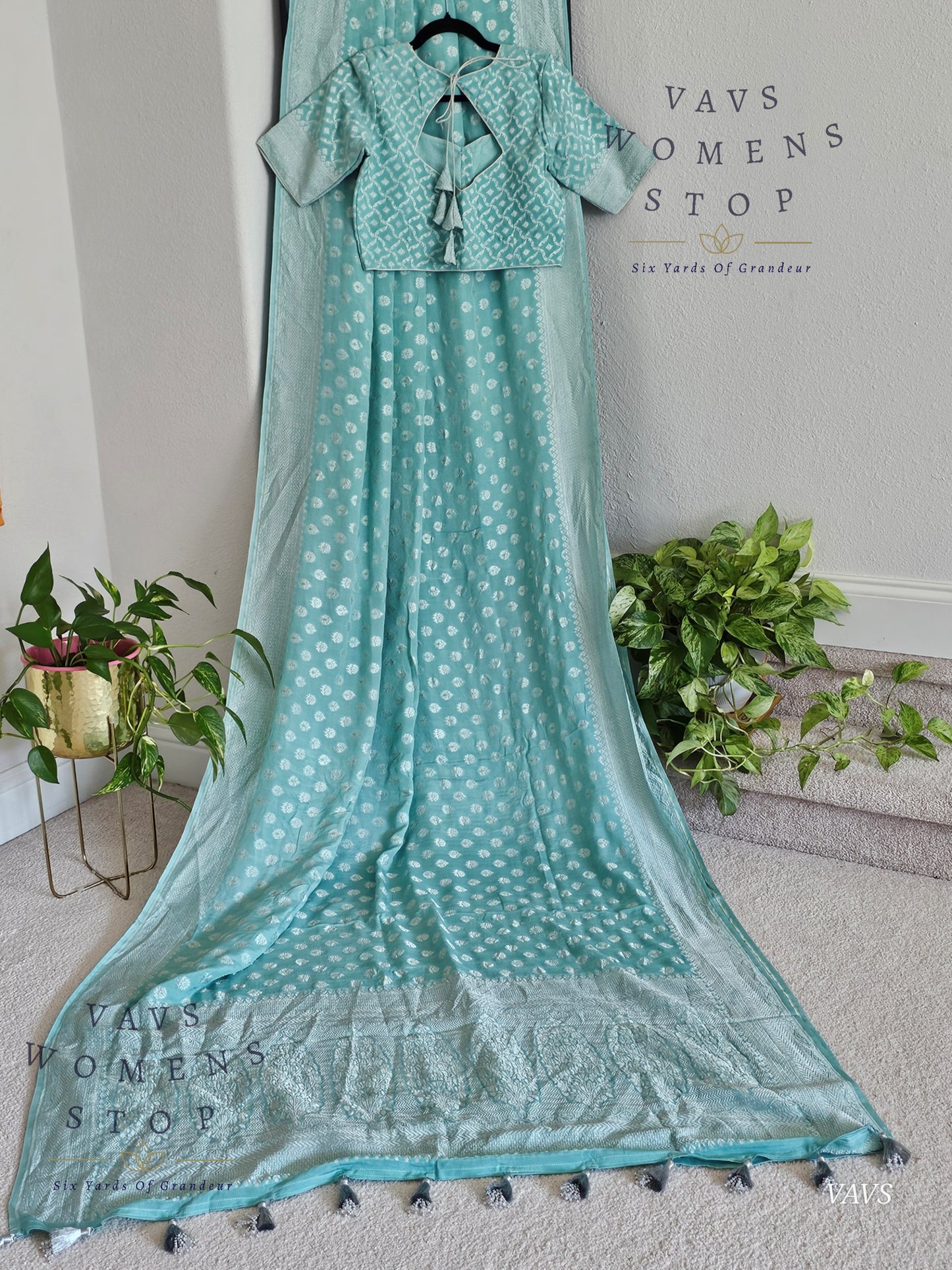 Light Blue Firozi Pure Kora Georgette Saree with Stitched Blouse