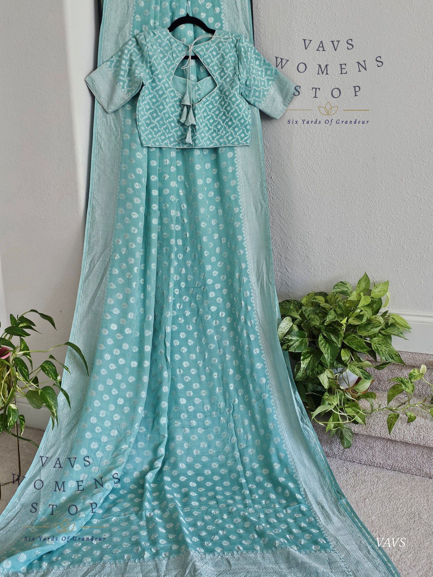 Light Blue Firozi Pure Kora Georgette Saree with Stitched Blouse