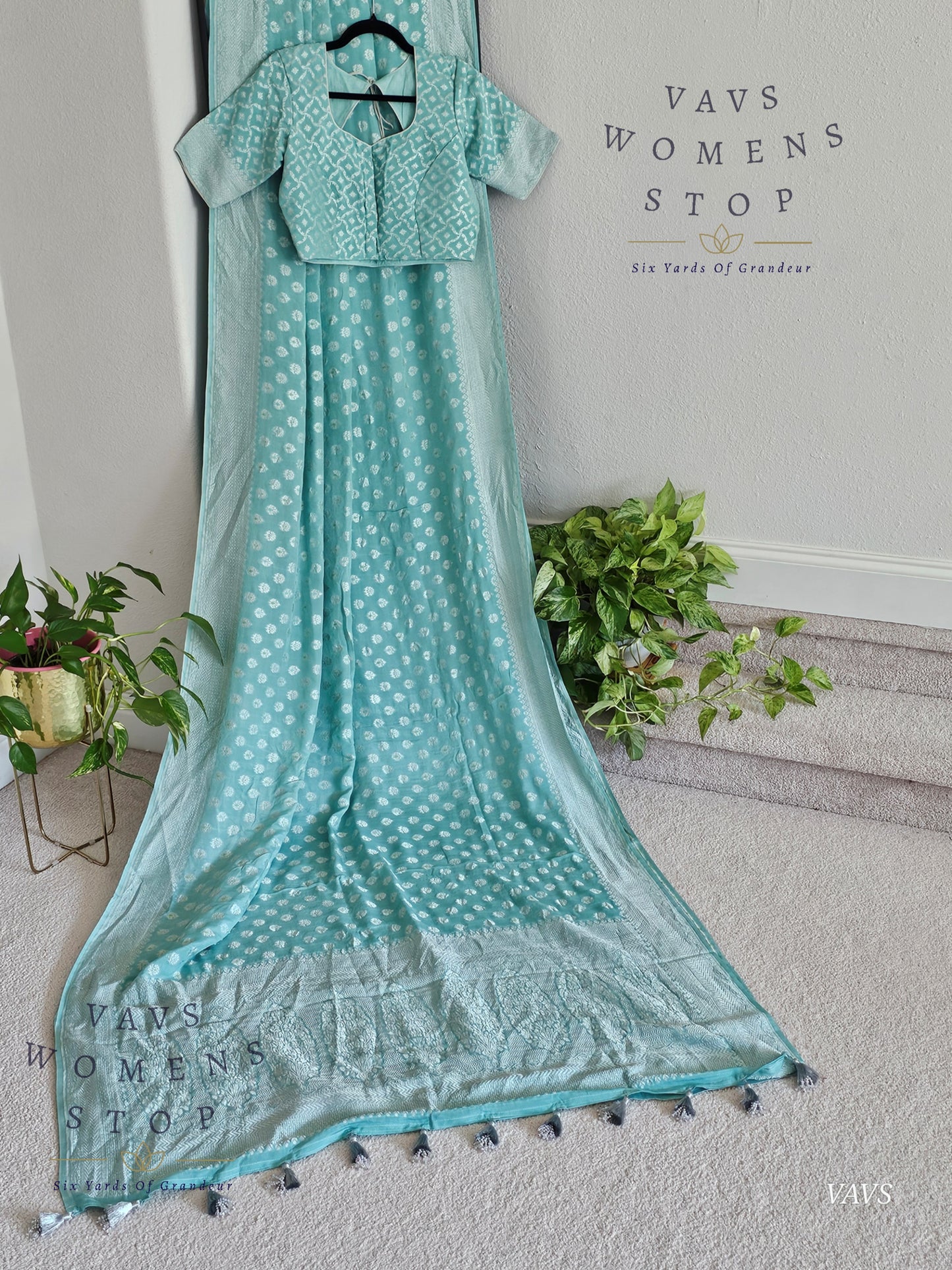Light Blue Firozi Pure Kora Georgette Saree with Stitched Blouse