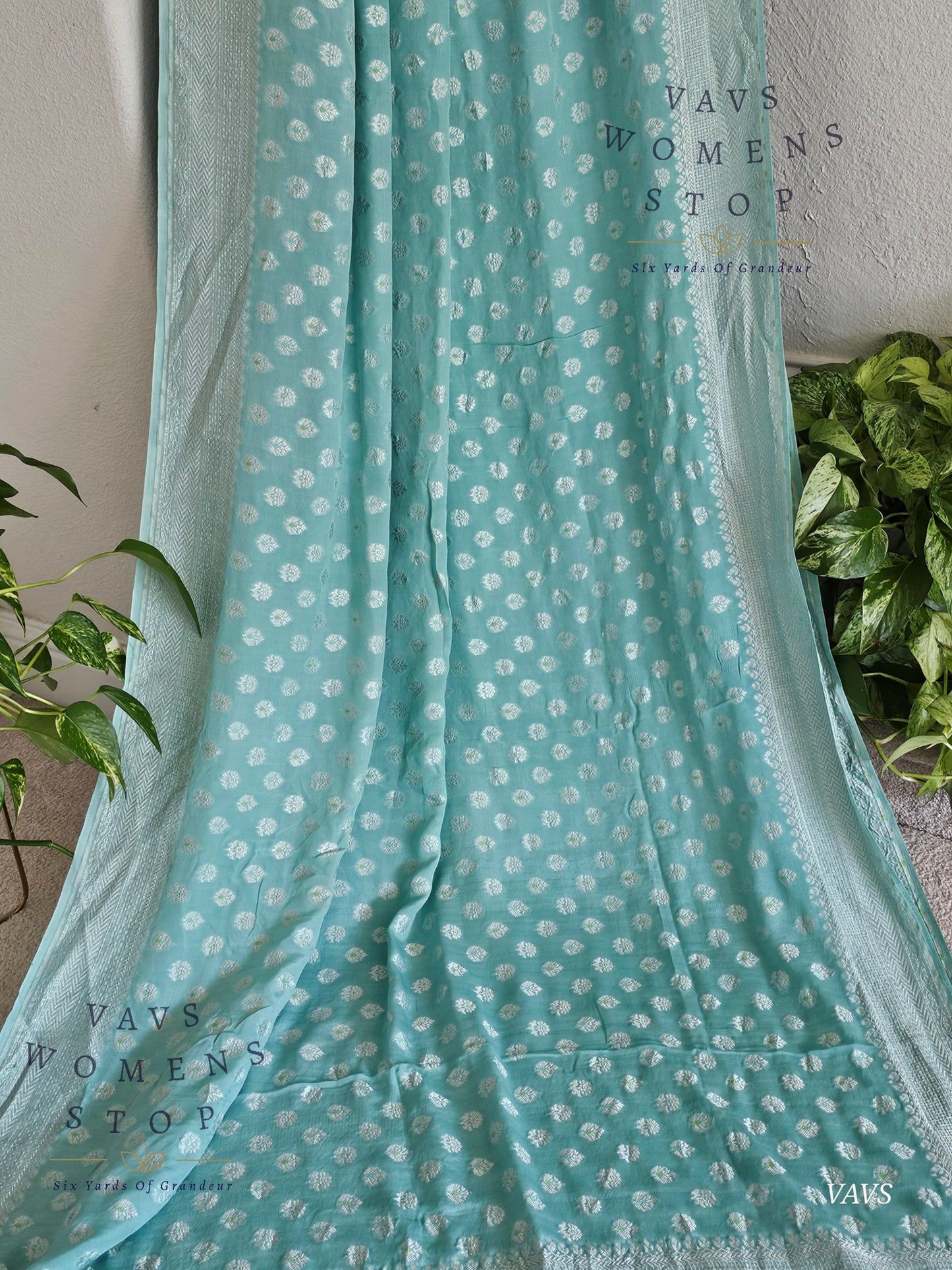 Light Blue Firozi Pure Kora Georgette Saree with Stitched Blouse